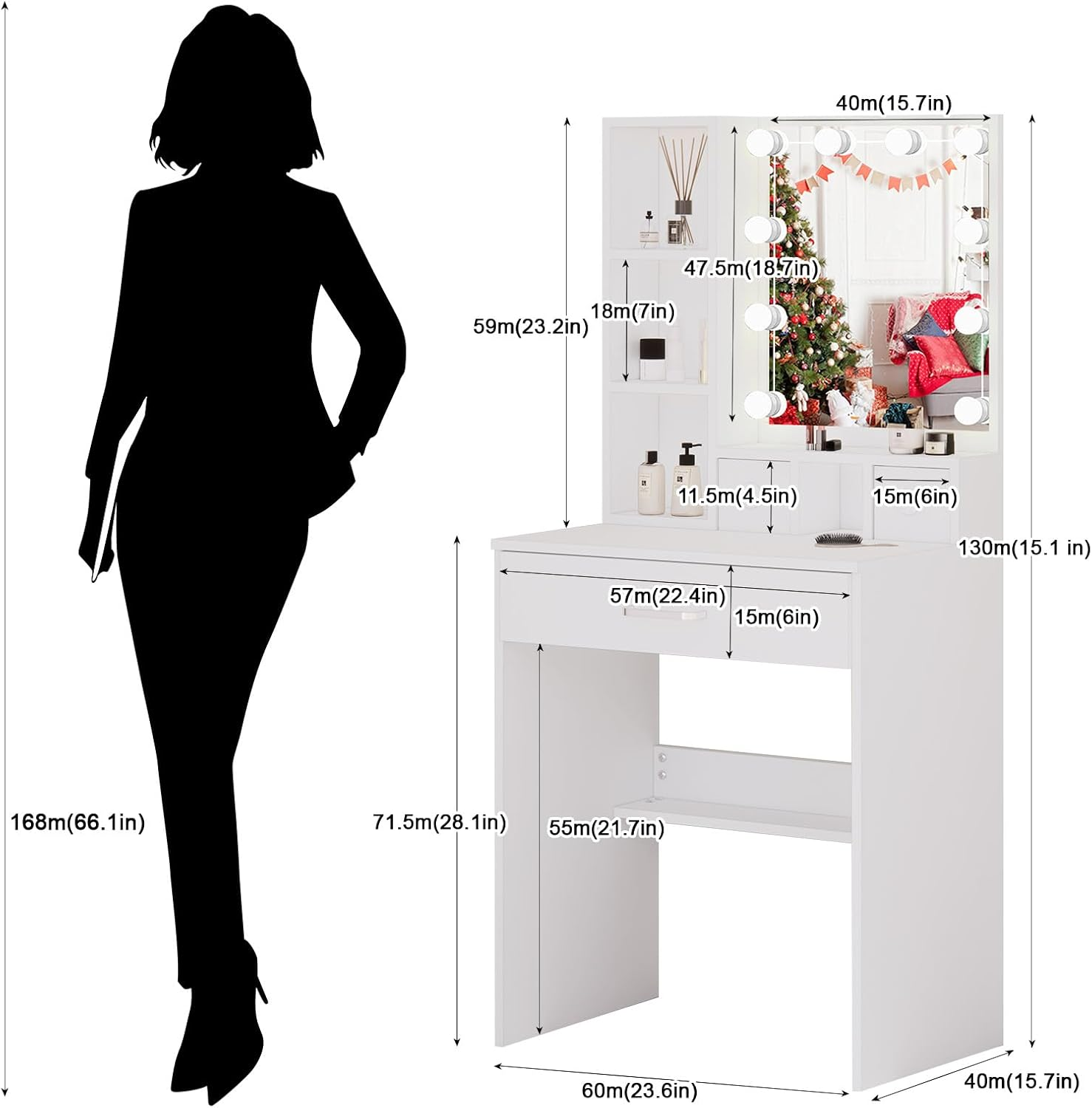 Small Vanity Desk with Mirror and Lights, 60Cm Dressing Table with 10 Dimmable Light Bulbs 3 Color Changing, Girls Makeup Desk Vanity Table White, Compact Vanity for Teens Teenager Bedroom image number 6