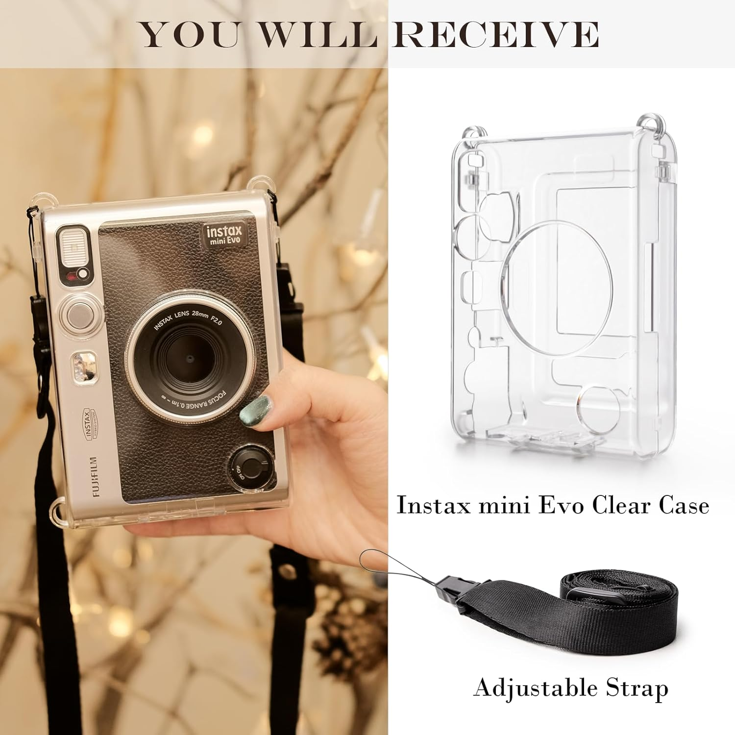 Rieibi Clear Protective Case for Fujifilm Instax Mini Evo Instant Camera - Hard Carrying Case Cover with Shoulder Strap - 2 Accessories image number 6
