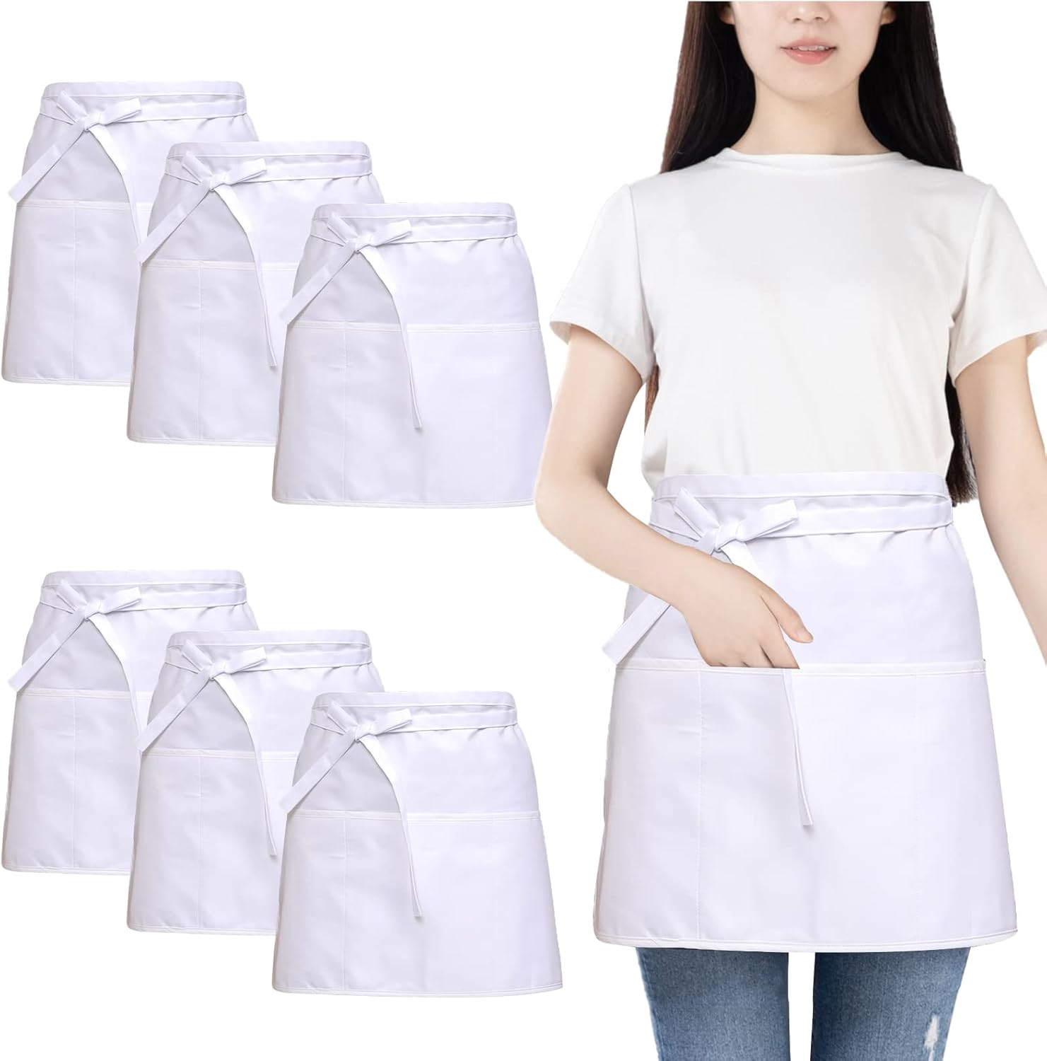 Funchaos 6 Pieces Waist Apron, Waiter'S Apron with 3 Pockets, Waterproof Half Apron for Men and Women, Cooking Apron for Cooking, Cleaning, Painting, Gardening, Bistro, Restaurant