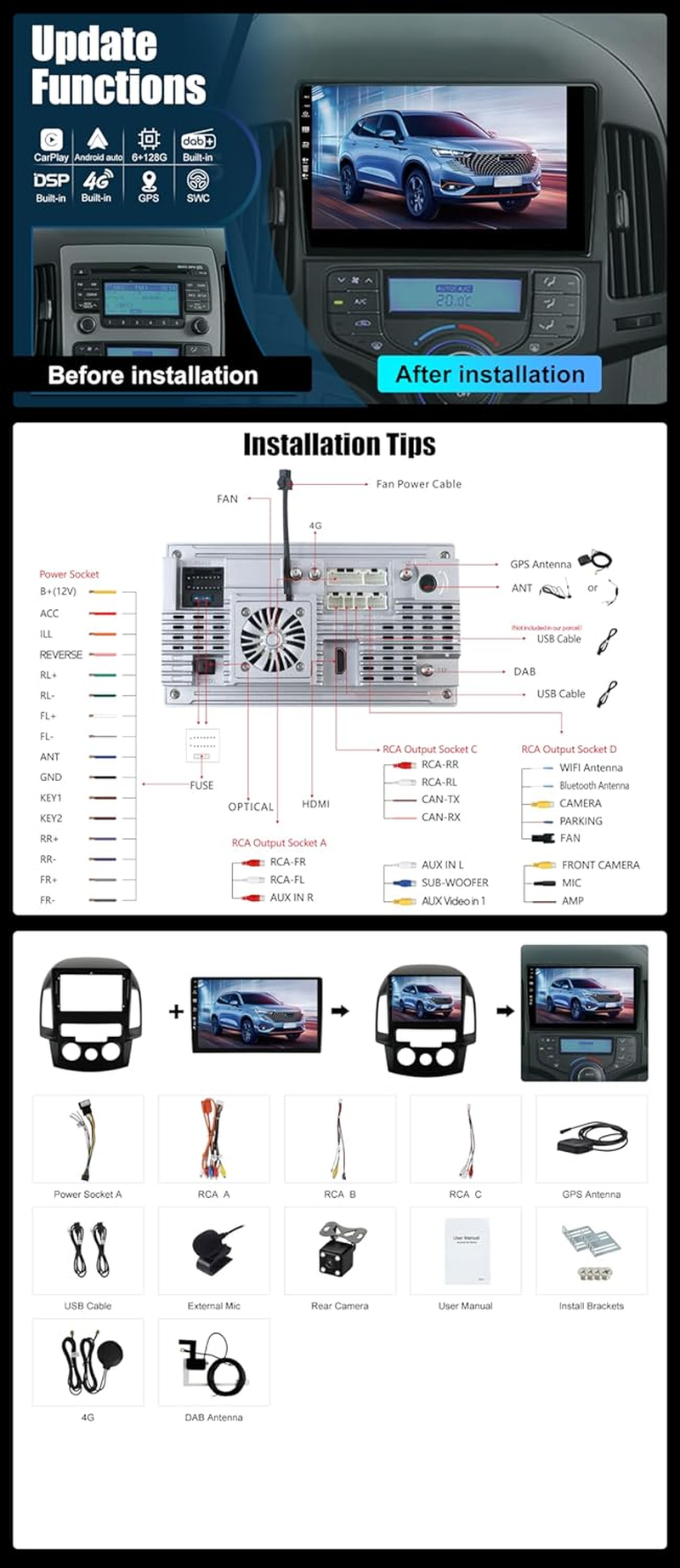 Bxliyer【Built-In 4G DAB】 Android 14-6G+128G Car Stereo for Hyundai I30 (2006-2011) - Wireless Carplay/Android Auto - Camera + MIC - IPS 9 Inch 2 Din - AHD Steering Wheel Fast-Boot 360-CAM HDMI DSP image number 2