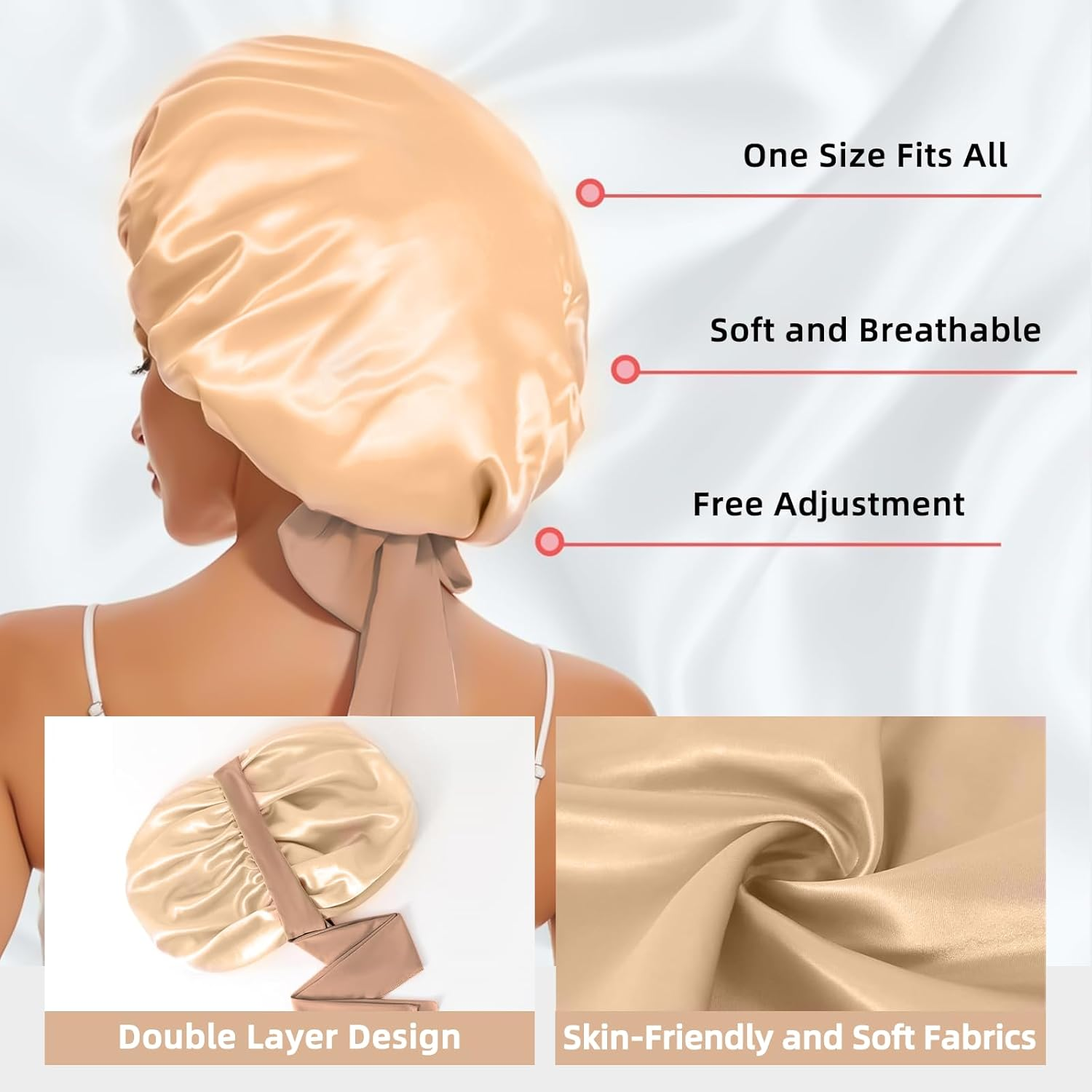 JZS Silk Bonnet for Sleeping Women Satin Double Layer Lined Hair Bonnet with Tie Band Curly Hair image number 3