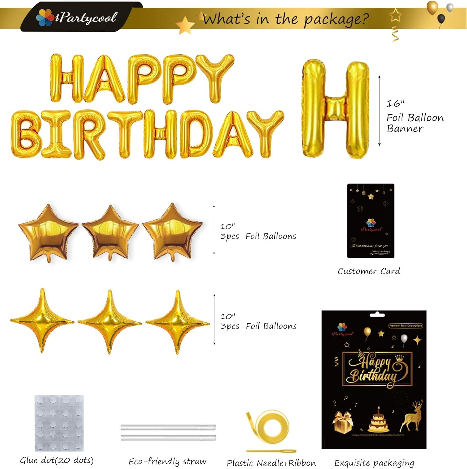 Happy Birthday Balloons,Aluminum Foil Banner Balloons for Birthday Party Decorations and Supplies -Gold - B-36Pcs Black Gold Kits image number 7