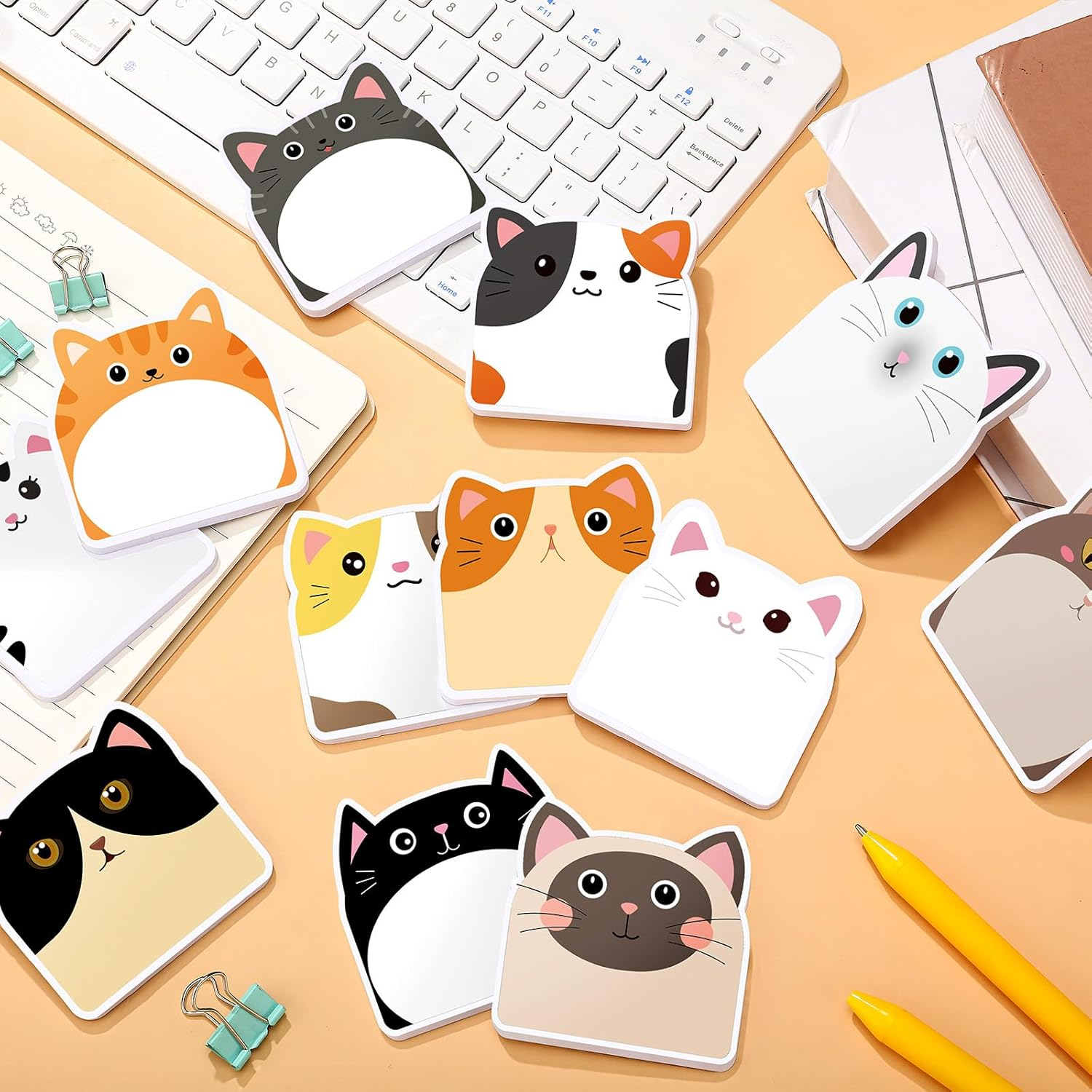 Yinder 24 Pads Cute Sticky Notes Kawaii Fun Animal Sticky Notes Pads Bulk Cartoon Memo Self Adhesive for Veterinary Gift Office School Tab Party Supplies(Cats)