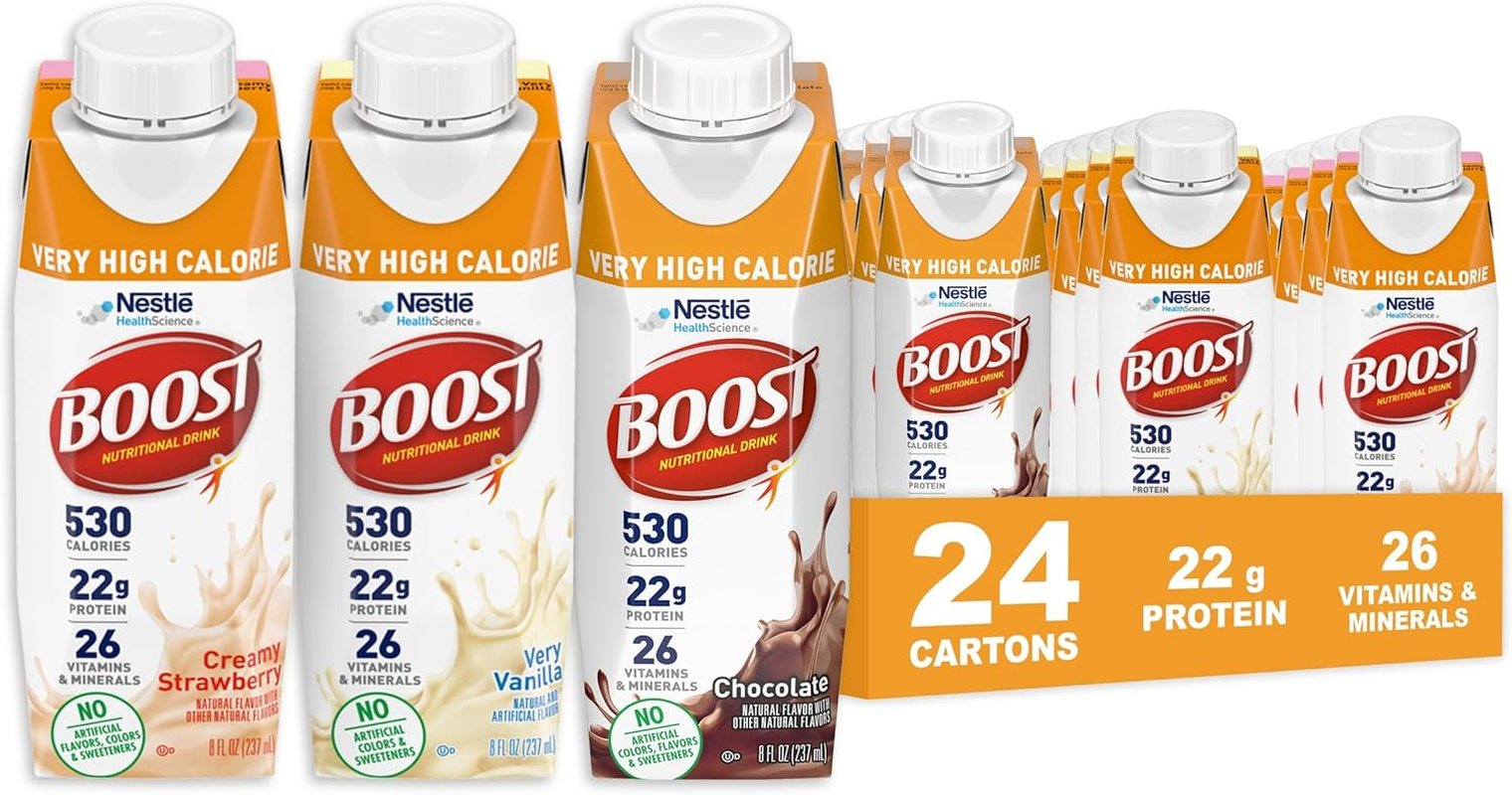 BOOST Very High Calorie Nutritional Drink &ndash; Helps Weight Gain & Maintenance -530 Calories -26 Vitamins & Minerals - 22 G Protein - Variety Pack - Vanilla, Chocolate & Strawberry - 8 Fl Oz (Pack of 24) image number 4