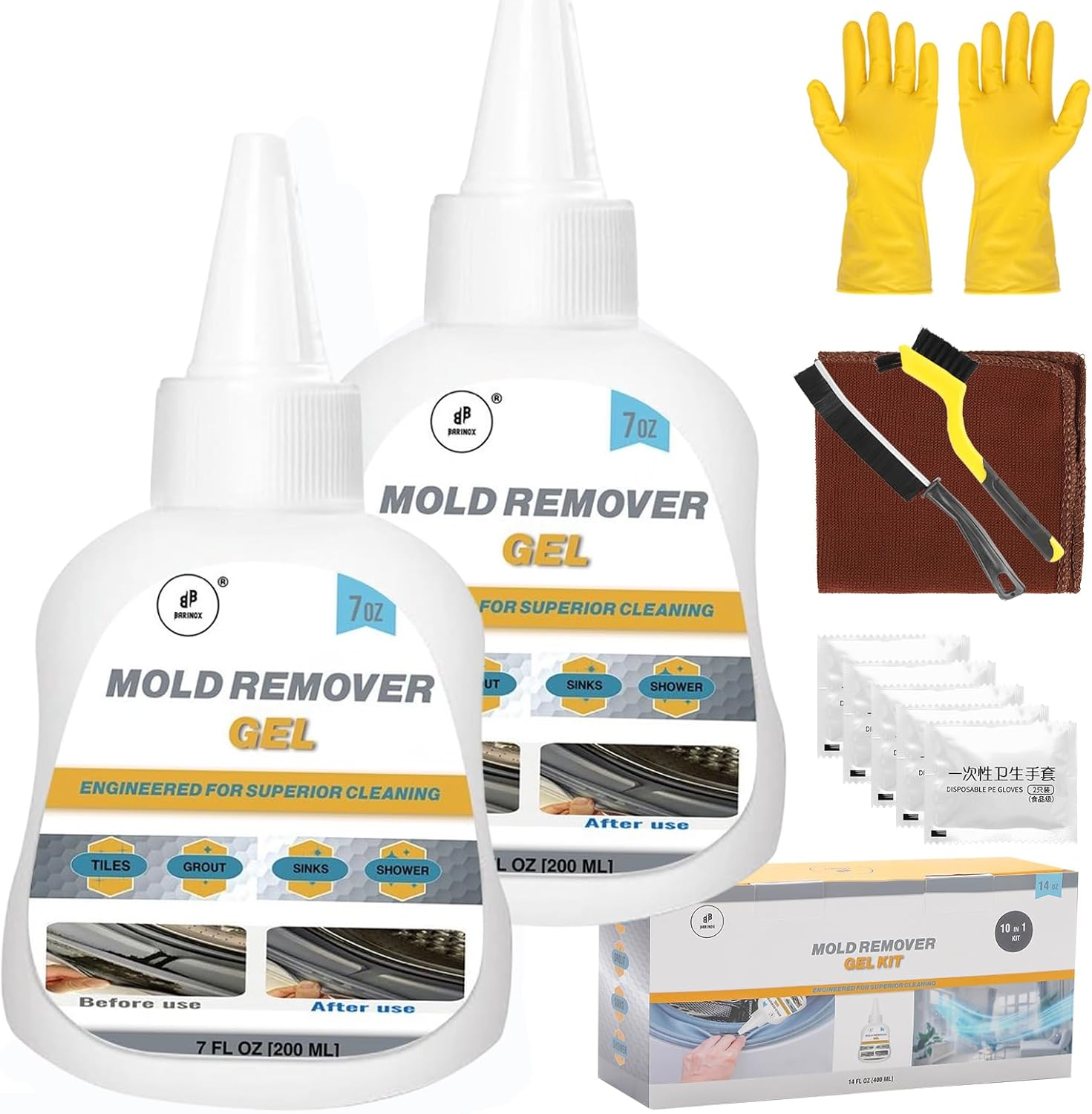 BARINOX Mould Remover Gel Kit - 10 in 1 Powerful Cleaner for Grout, Washing Machine, Tile, Shower, Kitchen Sink, Refrigerator Seals, Caulk, Bathroom, Toilet & Cleaning Brushes, Cloth and Gloves 400 ML image number 4