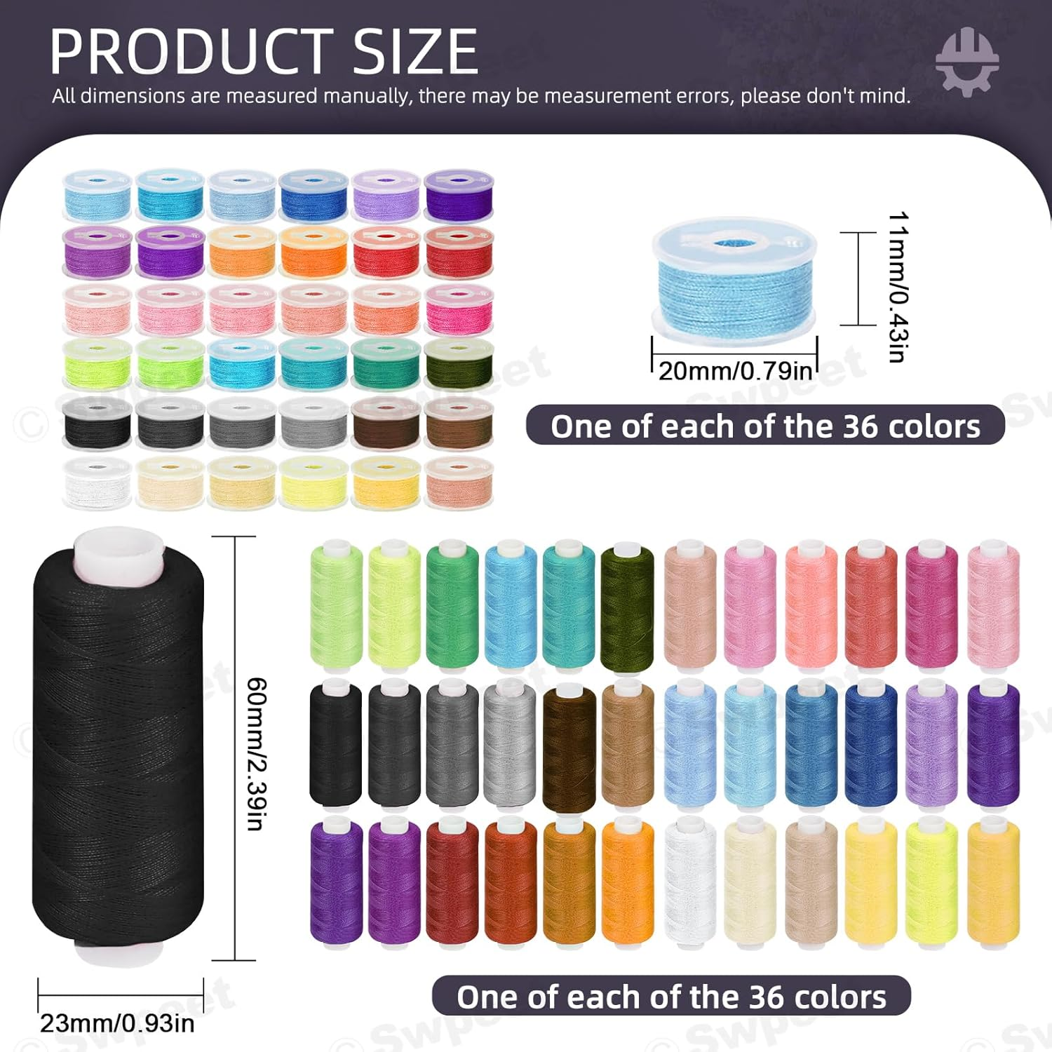 Swpeet 72Pcs 36 Colors Bobbins Sewing Threads Kit, Prewound Bobbins and Thread Spools per Polyester Sewing Thread Spools for Sewing Machine, Sewing Supplies for Hand, Travel, DIY and Home image number 5