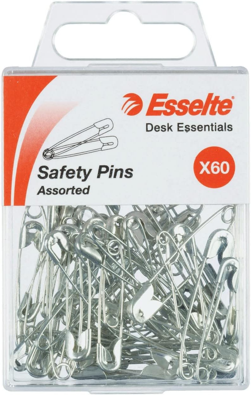 ESSELTE 37046 Metalware Pins Safety Pk60 Assorted Sizes Silver - 120 Pack image number 1