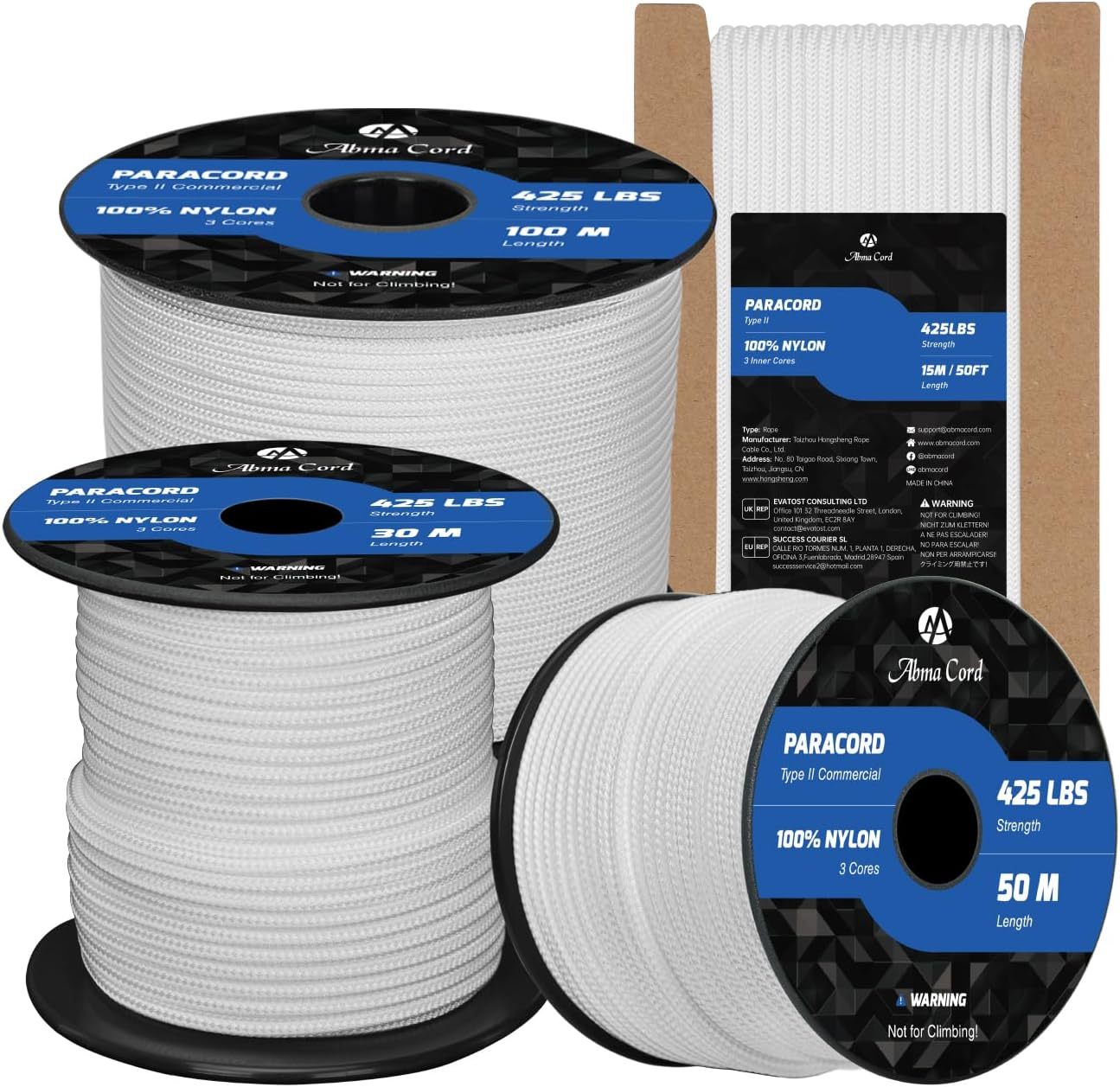 Abma Cord Paracord 3Mm 30M 100% Nylon Rope Type II 3 Strands Parachute Cord - Max. 192Kg (425Lbs) - White - Black image number 5