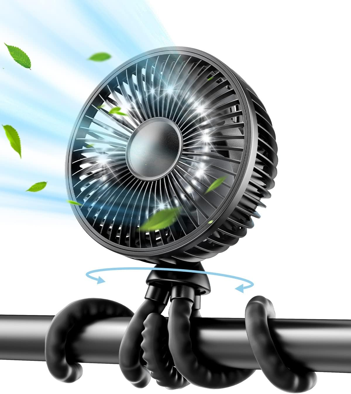 Gaiatop Baby Stroller Fan, 4000Mah Oscillating Mini Portable Fan with Light, 4 Speeds Battery Operated Small Handheld Desk Fan, 360&deg; Rotate Flexible Tripod Clip on Fan for Car Seat Crib Travel Black