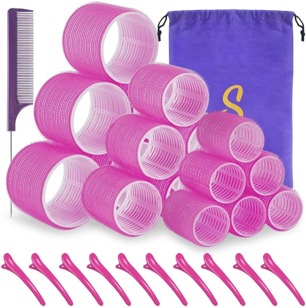 Sungenol Self Grip Hair Roller Set, 18 Pcs, 3 Sizes (Jumbo, Large, Medium) Rose Pink Hair Rollers with Clips and Comb