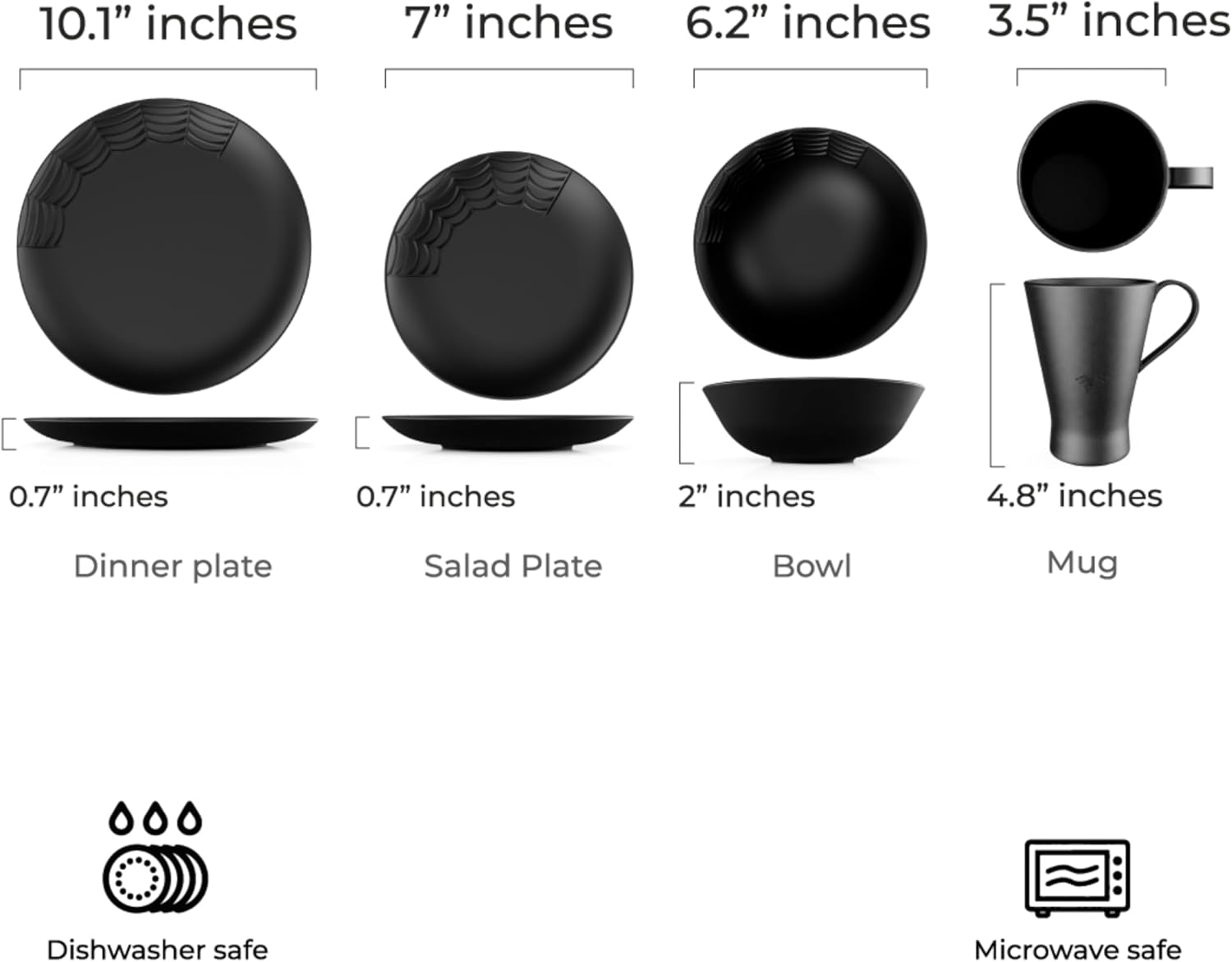 Nomnu Spiderweb Dinnerware Set (16 Pieces) - Gothic Kitchen Decor - Black Matte Porcelain Gothic Dinnerware Set: 4 Dinner Plates 4 Salad Plates 4 Bowls 4 Mugs - Spiderweb Decor Halloween Spooky Gifts image number 4