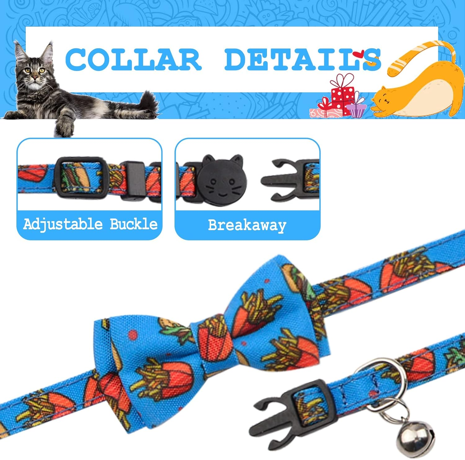 HACRAHO Bow Tie Cat Collar Bandana, Pack of 2 Adjustable Breakaway Cat Collar with Bow Tie and Bell, Removable Bow Tie Bandana for Kittens and Puppies, Hamburger Fries - Pizza image number 6