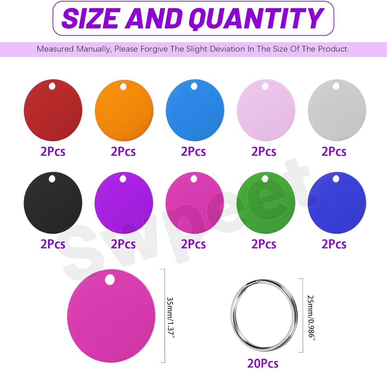 Swpeet 40Pcs 10 Colors 35Mm/ 1.37" round Aluminum Blank Tags with Key Ring Assortment Kit, Engraving Stamping Blank Tags Pet ID Tag for Pendant Decoration, DIY Keychains and Pets Tag Project image number 2