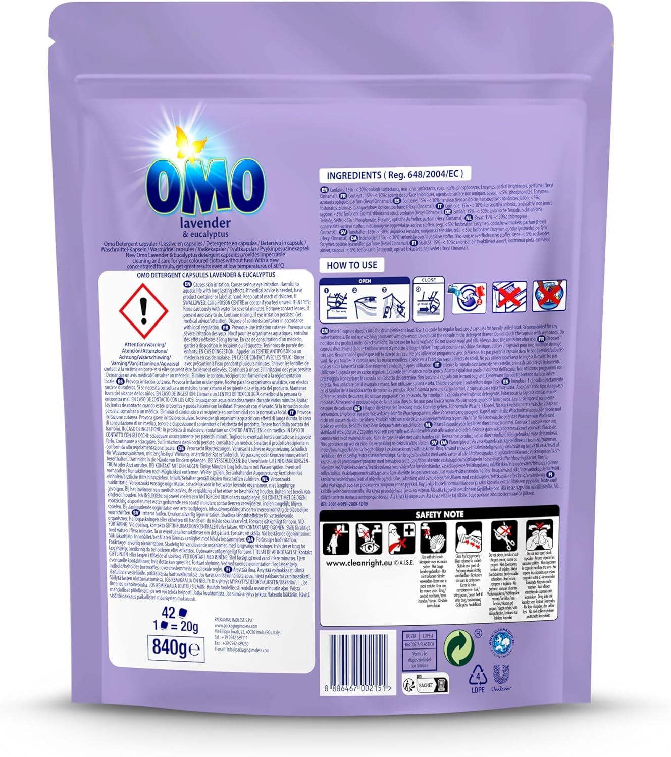 OMO 42PK LAUNDRY DETERGENT CAPSULES LAVENDER and EUCALYPTUS