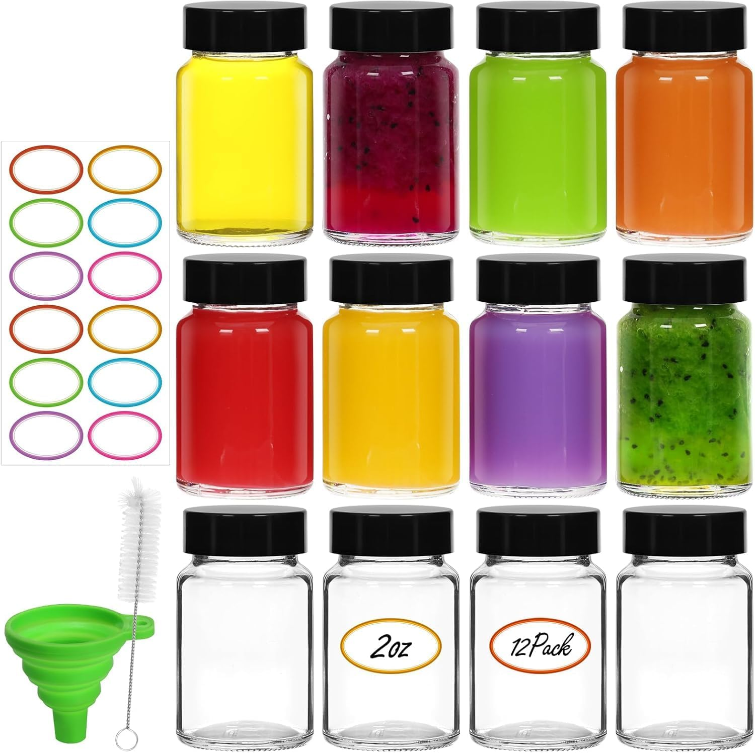 2 Oz Small Clear Glass Bottles with Lids - 60 ML Wide Mouth Shot with Caps Reusable for Ginger Shots, Juice, Potion, Liquids, Whiskey - Mini Travel Bottles with Funnels, Stickers (12Pcs-Clear) image number 4