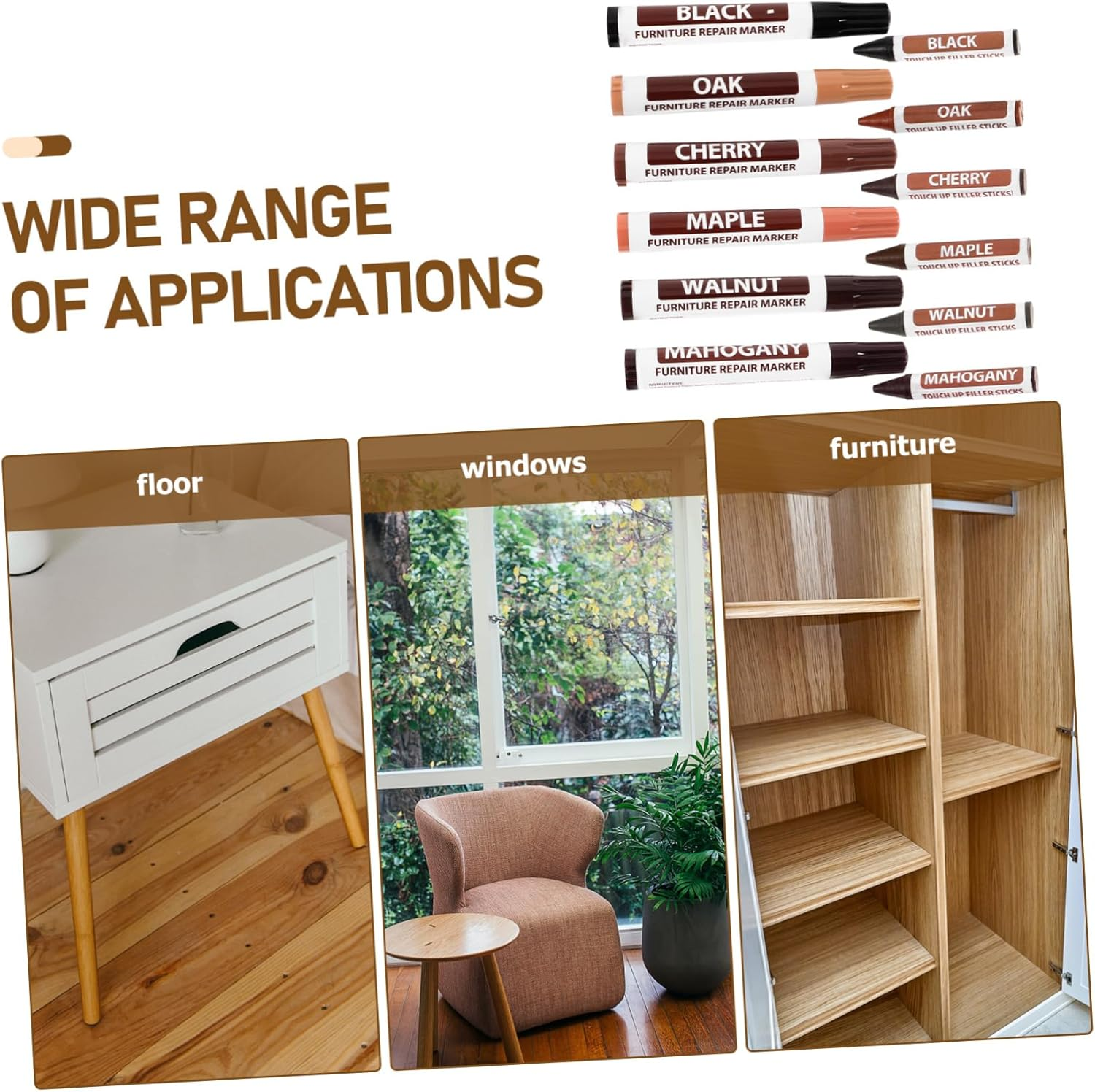 Furniture Touch-Up Marker Pen Wood Floor Repair Kit for Wooden Furniture Scratch and Floor Surface Restoration, 6 6 Set Multi-Color Repair Paint Pens for Home Door and Cabinet Maintenance image number 4