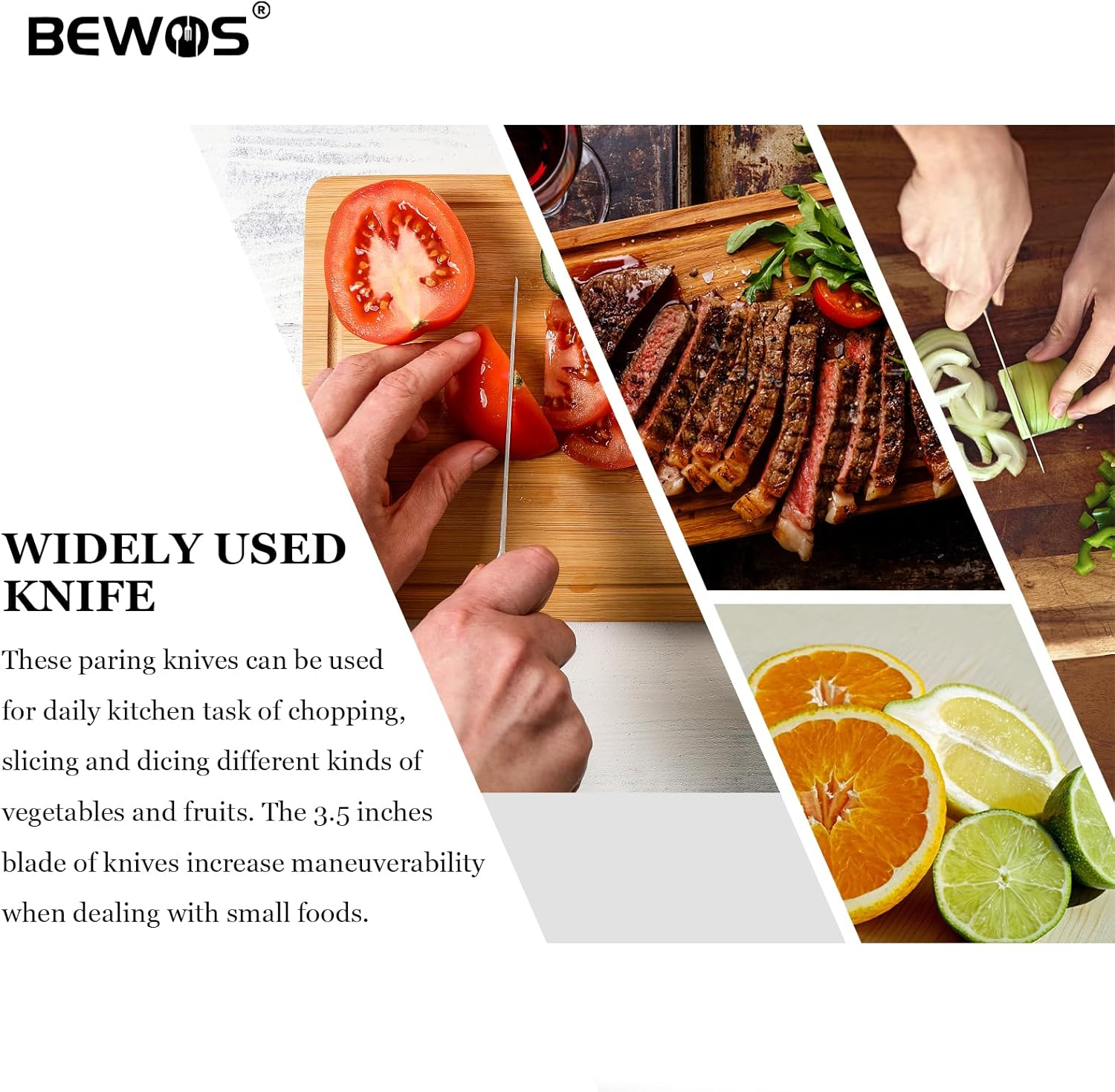 BEWOS 4-Piece Stainless Steel Paring Knife Set - Premium 3.5 Inch Paring Knives with Ergonomic Handles Secure, Triple Rivet, Cutting & Peeling Knives for Vegetables and Fruits, Black image number 5