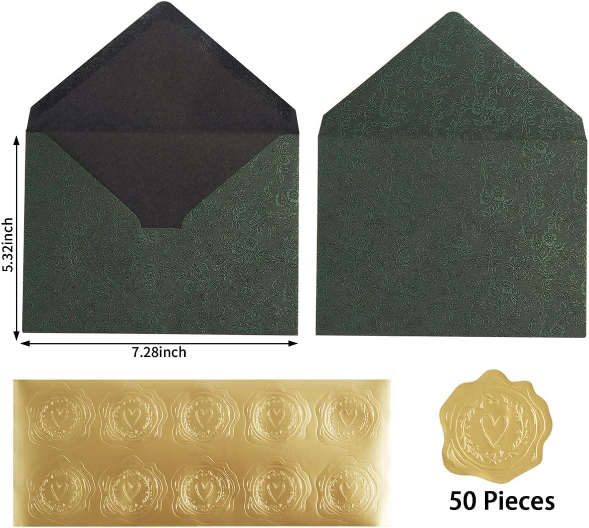 50 Pieces A7 Envelopes 5X7 Card Envelopes Vines Flower Texture Pattern V Flap Luxury Mailing Envelopes with Gold Stickers for Invitations, Wedding, Graduation, Baby Shower (Rose - Dark Green) image number 1
