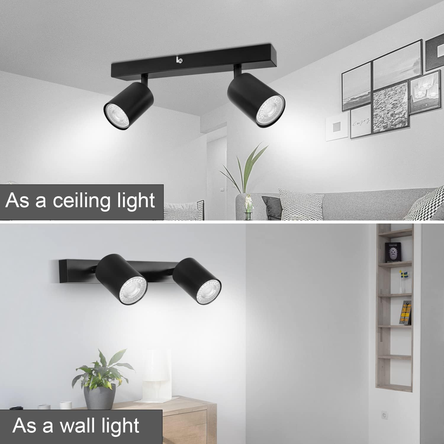 Dehobo Spotlight Rails and Rails, Double GU10 Modern Adjustable Ceiling Spotlights, Matt Black, without Bulbs, 2 Spotlights for Kitchen, Bedroom, Living Room, Hallway, Dining Room image number 1