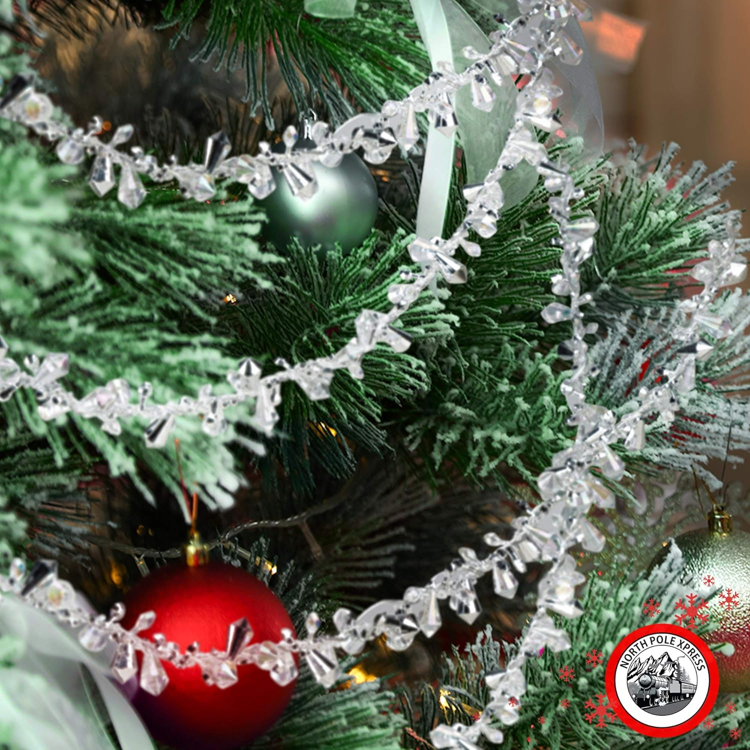 9 Foot Silver & Clear Crystal Acrylic Bead Christmas Garland | Iridescent Christmas Tree Garland Perfect for White Winter Theme Trees | Garland Christmas Decorations for Indoor Use image number 4