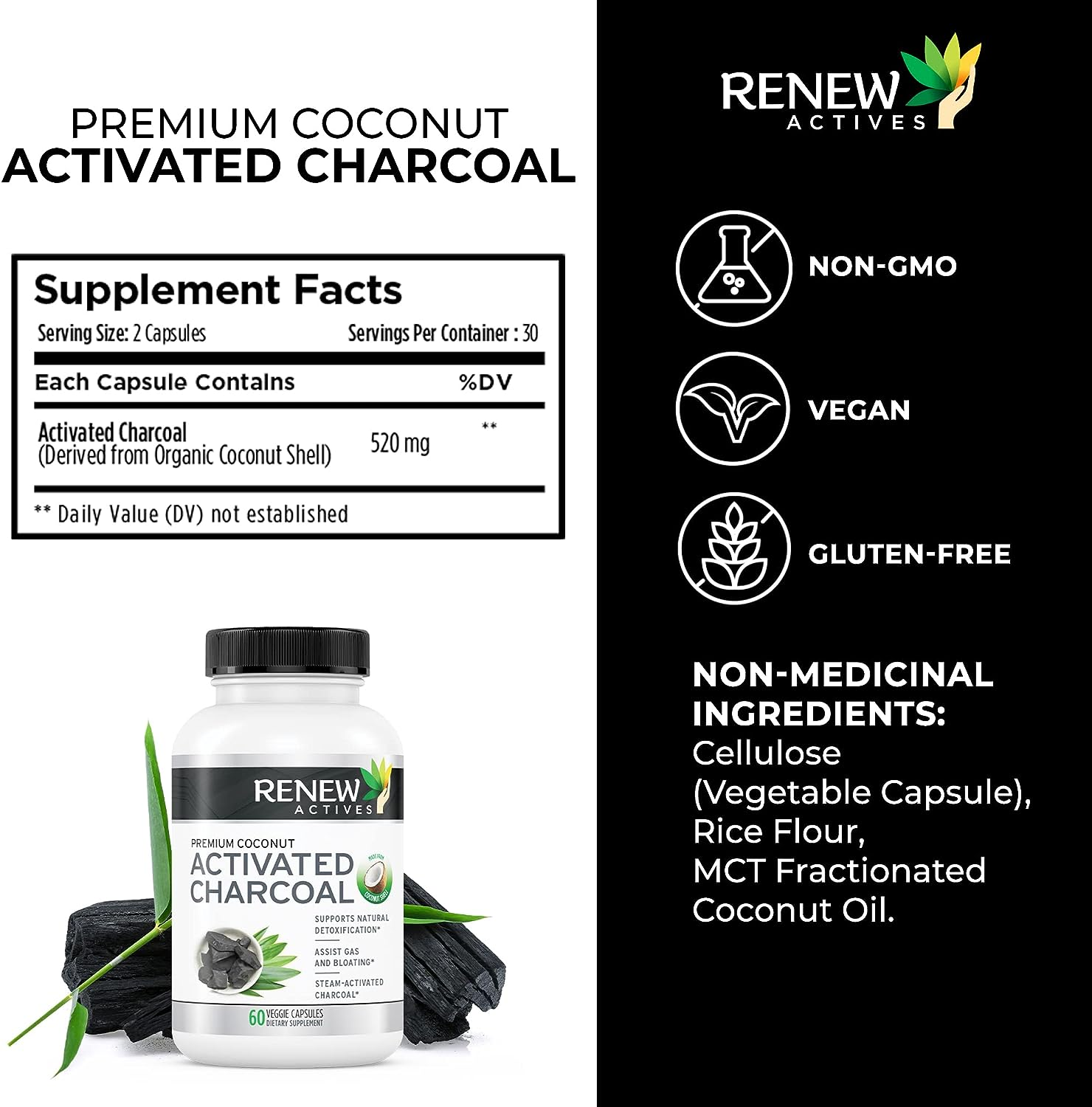 Extra Strength Activated Charcoal Pills Capsules Made from Natural Organic Coconut :: 60 Ct. for Digestive Support and Teeth Whitening : Made in the USA with No Artificial Ingredients image number 5