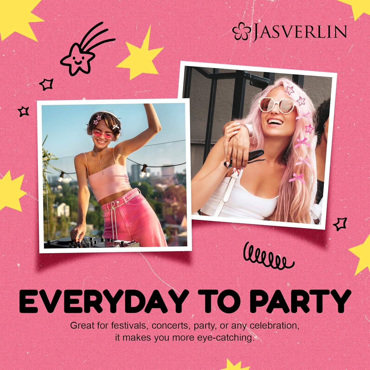 JASVERLIN 60Pcs Star Hair Clips & Mini Bows Y2K Accessories Set, Cute Bowknot Goth Snap Clip Hair Barrettes, 2000S Small Satin Bows for Women Girls (Pink Mixed Color) image number 6