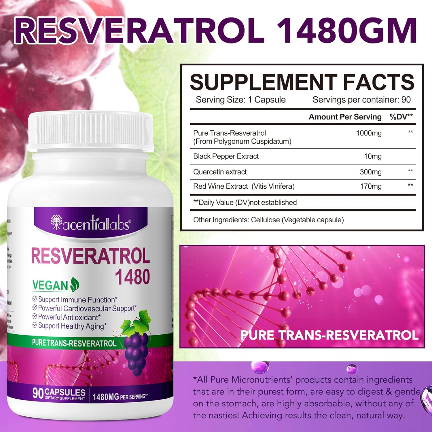 Resveratrol Supplement | Pure Trans-Resveratrol | 1480Mg per Serving | 90 Capsules | 3 Month Supply image number 6