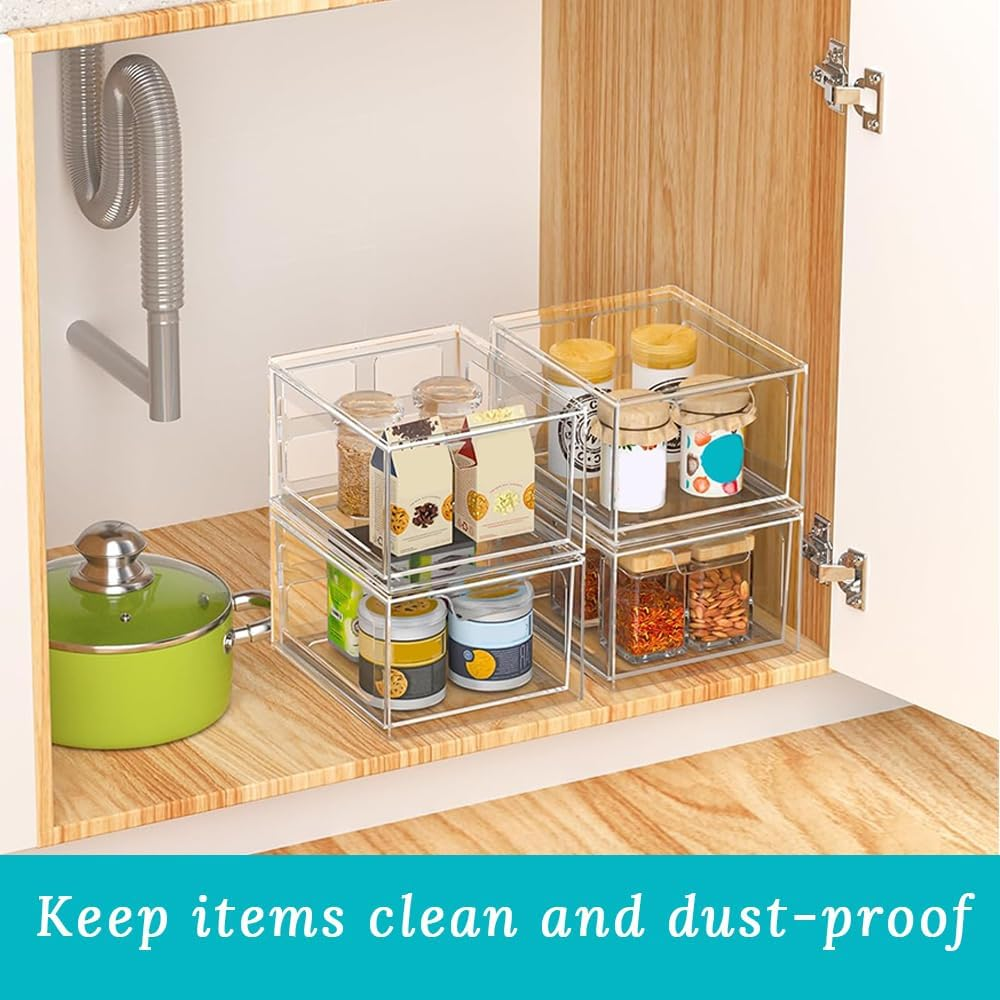 GUDAJIN 4-Pack Stackable Makeup Storage Drawers, Clear Acrylic Drawer Organizers Plastic for Makeup, Office Storage, Art Supplies, Jewelry, Stationery image number 5