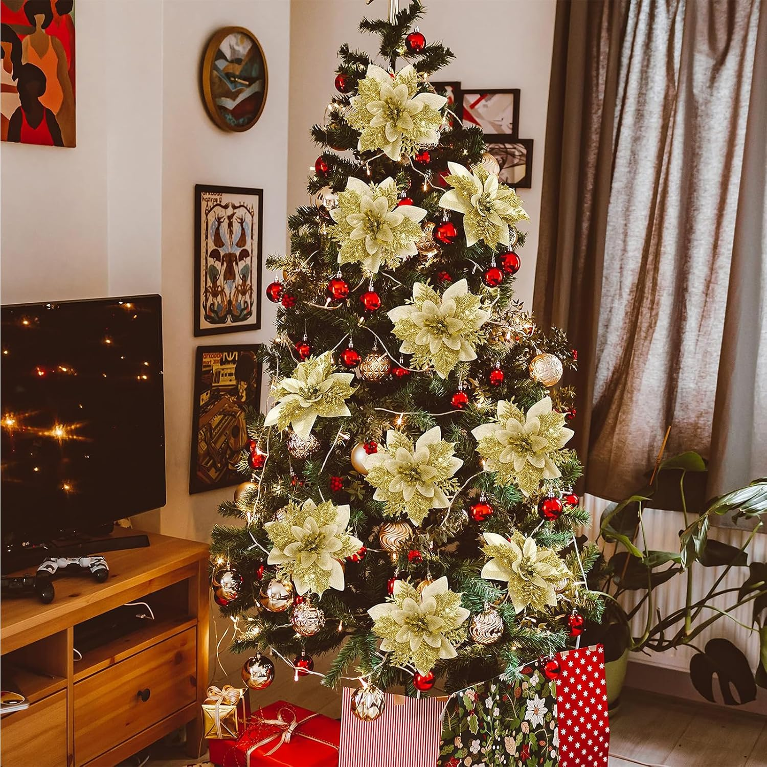 CQLITI 20PCS Artificial Poinsettia with Clips, 5M LED Light, Christmas Decor, Glitter Poinsettia, Red, Plastic, Flowers, Christmas Tree, Wreath, DIY, Xmas, Holiday, Home, Party Decor image number 5