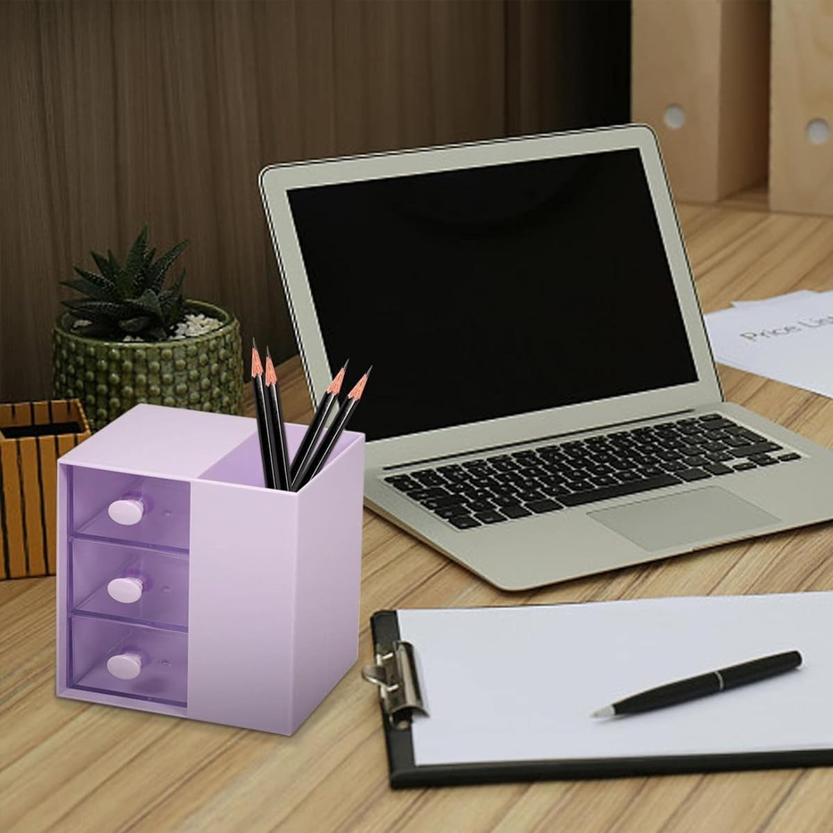 AIMALL 3-Drawer Pen Organizer, Multi-Purpose Purple Storage Box, Plastic Cosmetic & Office Supplies Holder, Versatile Desk Organization for Home, Office, Classroom &ndash; 4.64In X 3.93In image number 4