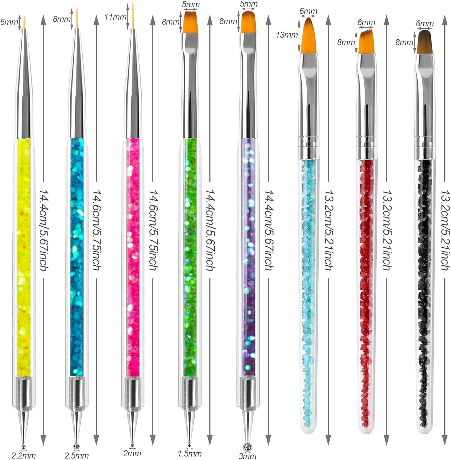 8PCS Function Nail Brush, Nail Liner Brush, Double Ended Nail Art Pen Brushes with Glitter Handle, for DIY Nail Art Designs Dot Pen Tools for Women Girls image number 3