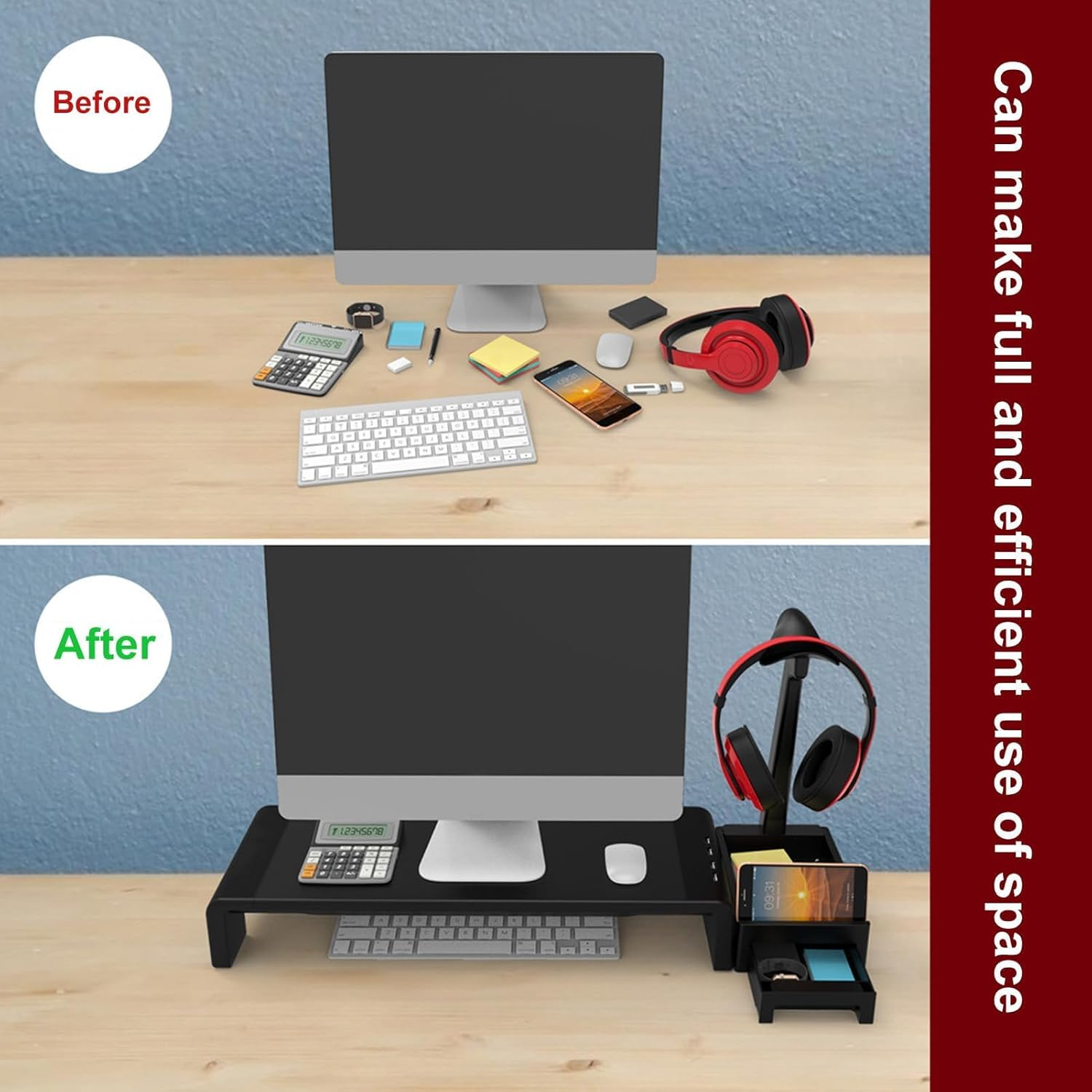 Monitor Stand Riser, Computer Monitor Stand for Desk, Height Adjustable Computer Stand, Desk Monitor Stand underneath Storage with Drawer Phone Stand Headphone Stand USB Port for Office image number 4