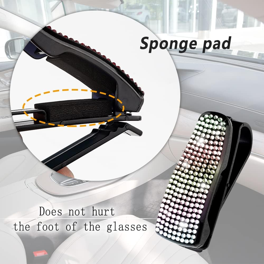 Turcee Set of 2 Bling Rhinestone Car Sun Visor Glasses Holders with Anti-Scratch Sponge,Car Decoration for Women Girls,Ticket Card Clip Visor Organizer,Universal Rhinestone Car Accessories (Colorful) - Colorful image number 2