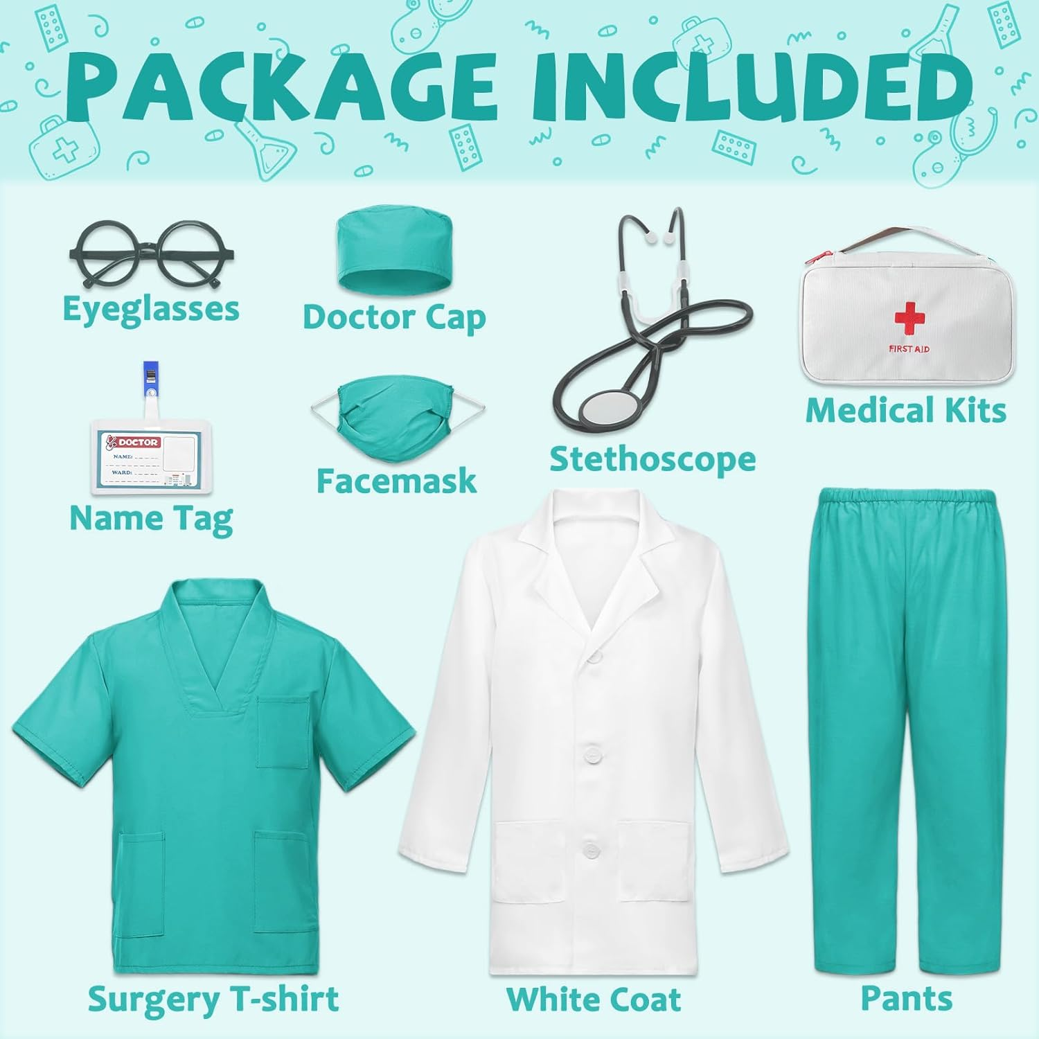 Kids Doctors Outfit,Kids Dress up Costumes,Child Role Play Costumes Unisex,Doctor Fancy Dress Costume,Doctor and Nurse Costume for World Book Day Halloween Cosplay Party (Blue, 120) image number 6