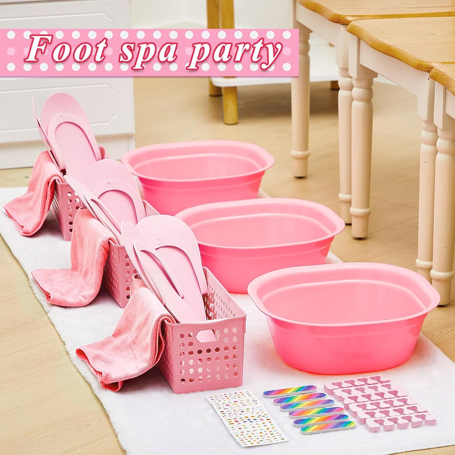 Mumufy 6 Sets Kids Foot Spa Kit for Girl Spa Party with Pink Washbasin Salon Towels Nail Kit for DIY Manicure and Pedicure Set with Foot Care for Sleepovers Slumber Party(Light Pink) image number 5