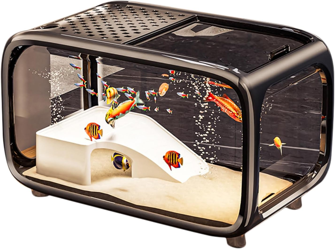 Desktop Fish Tank, Betta Tank Landscape Aquarium, Clear Acrylic Landscape Container Bowl with Top Feeding Hole for Betta Shrimp Snails Turtle Aquatic Animals - Creamy image number 4