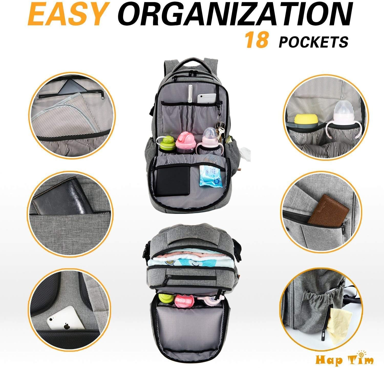 Haptim Multi-Function Large Baby Diaper Bag Backpack W/Stroller Straps-Insulated Bottle Pockets-Changing Pad,Stylish & Durable image number 4