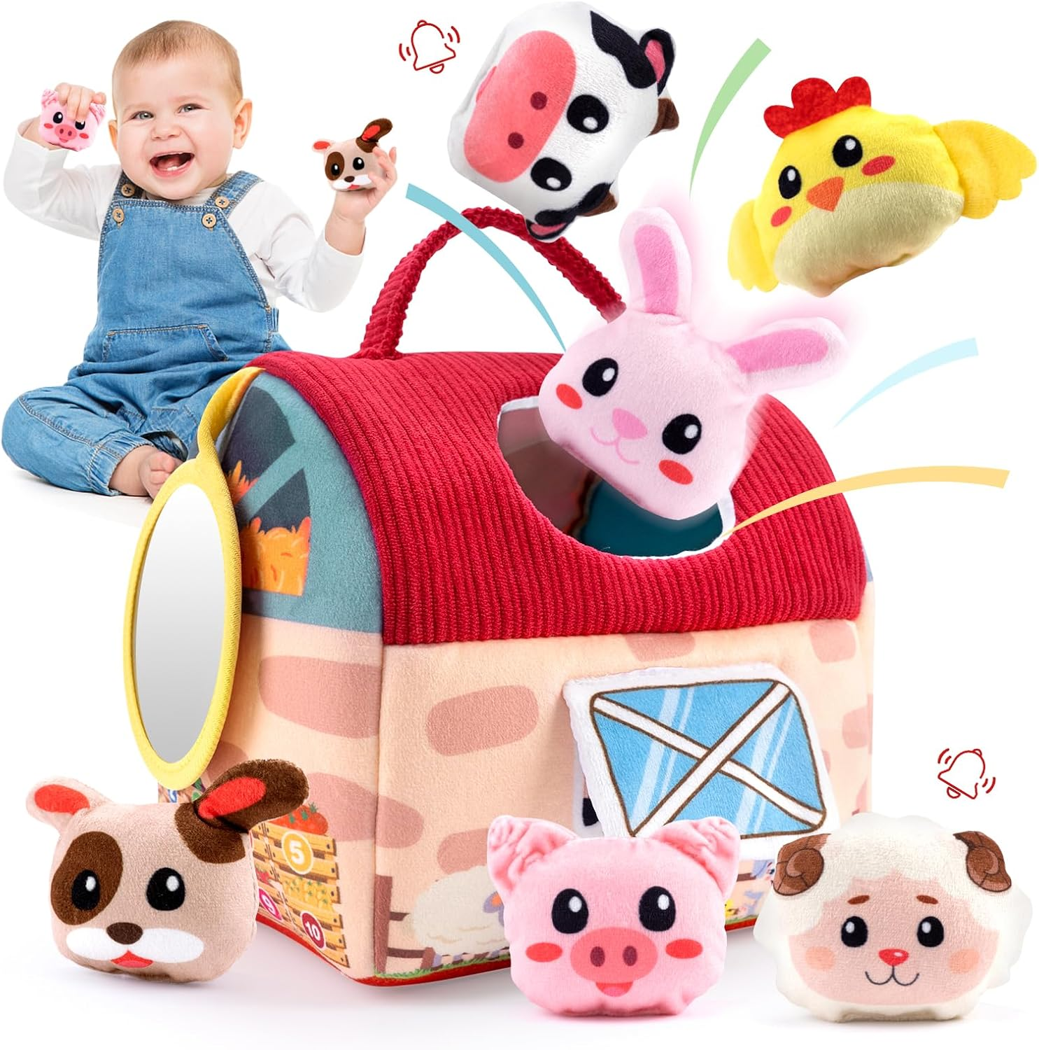 Joyfia Baby Toys 6-12 Months, Infant Soft Barn House with Stuffed Farm Animals, Rattle, Crinkle Paper & Mirror, Sensory Montessori Toy for Boys Girls Toddlers 1-3, Baby Birthday Newborn Shower Gifts image number 3