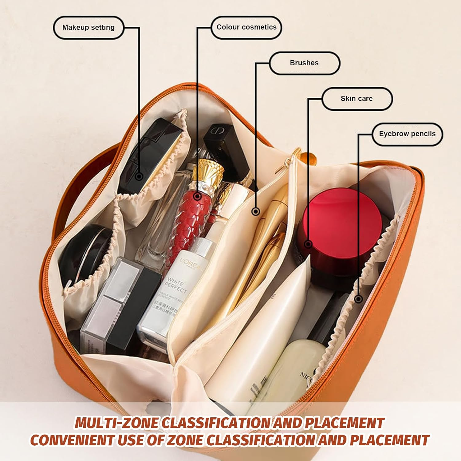 Cosmetic Bag, Extra Large Waterproof Makeup Organizer, High-Quality PU Travel Toiletry Bag for Women, Spacious Multi-Compartment Storage Pouch for Cosmetics, Skincare, Brushes, and Essentials（Brown） image number 1