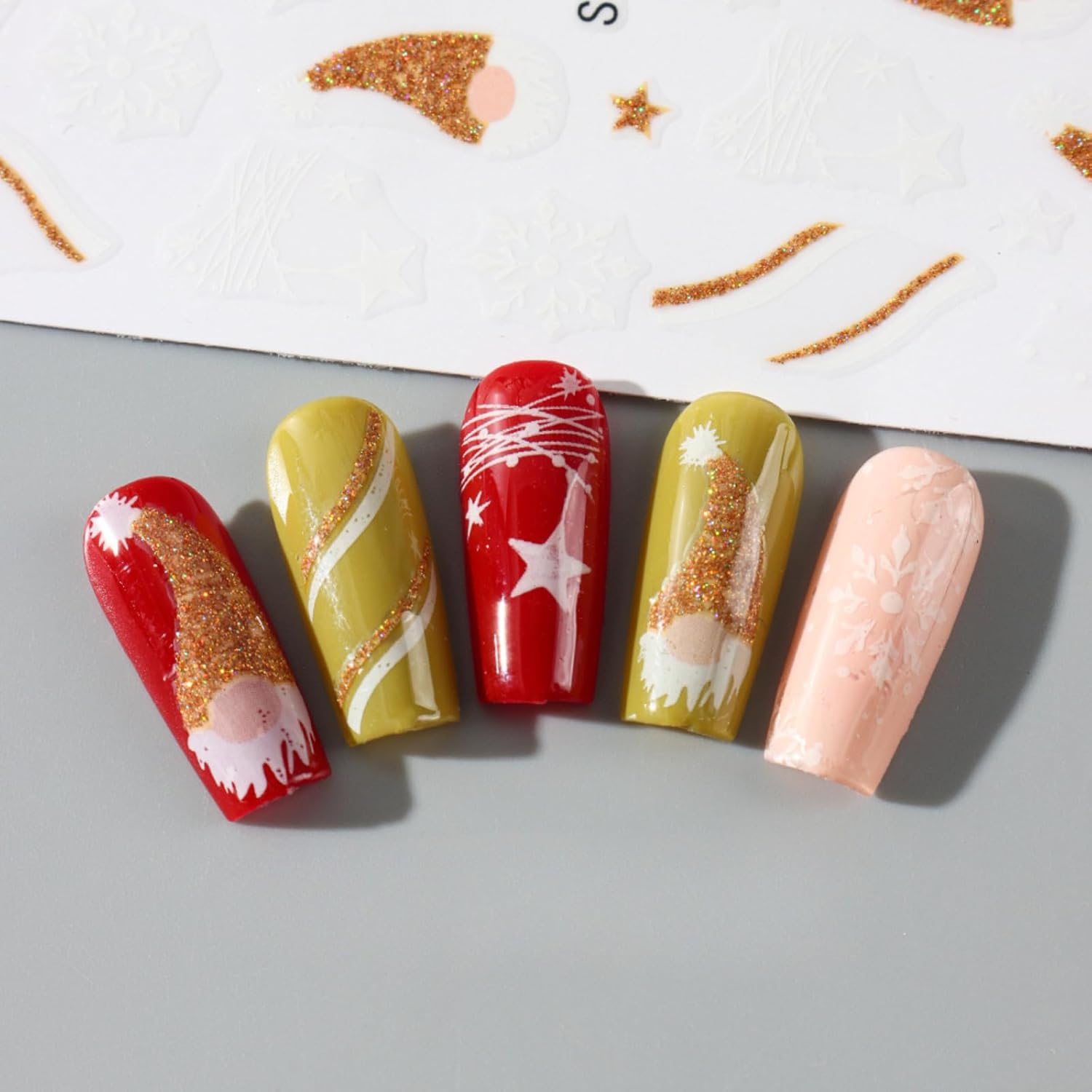 6 Sheets Christmas Design Nail Art Stickers 3D Self-Adhesive Designer Nail Decals Colorful Bow Reindeer Gingerbread Man Snowflake Nail Decoration DIY Manicure Tips for Women Girls (Merry Christmas)