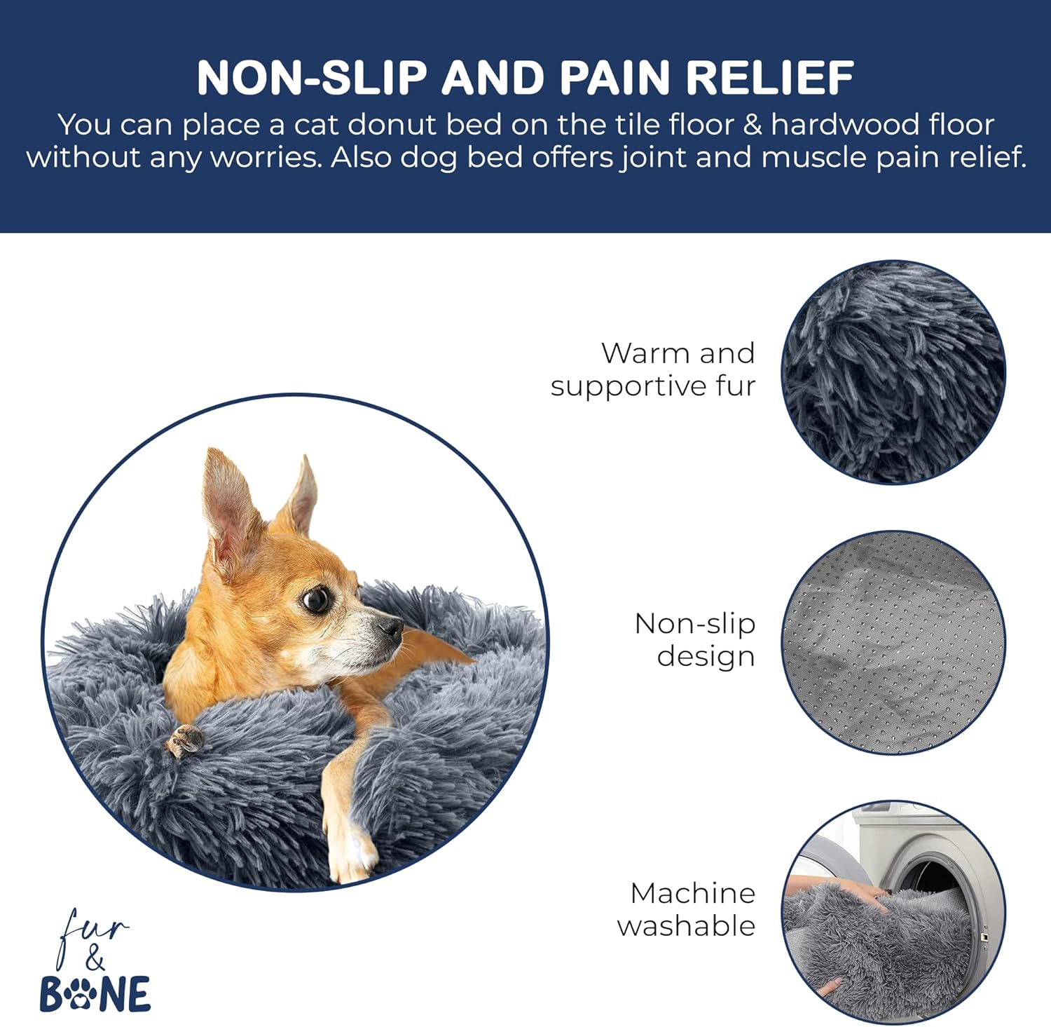 Fur & Bone round Plush Donut Dog Bed, Dog Bed & Cat Bed | Fluffy Dog Bed, Self-Warming Dog Beds | Washable Dog Bed with Non-Slip & Waterproof Bottom Calming Dog Bed, Dog Donut Bed - (70Cm, Dark Grey) image number 5