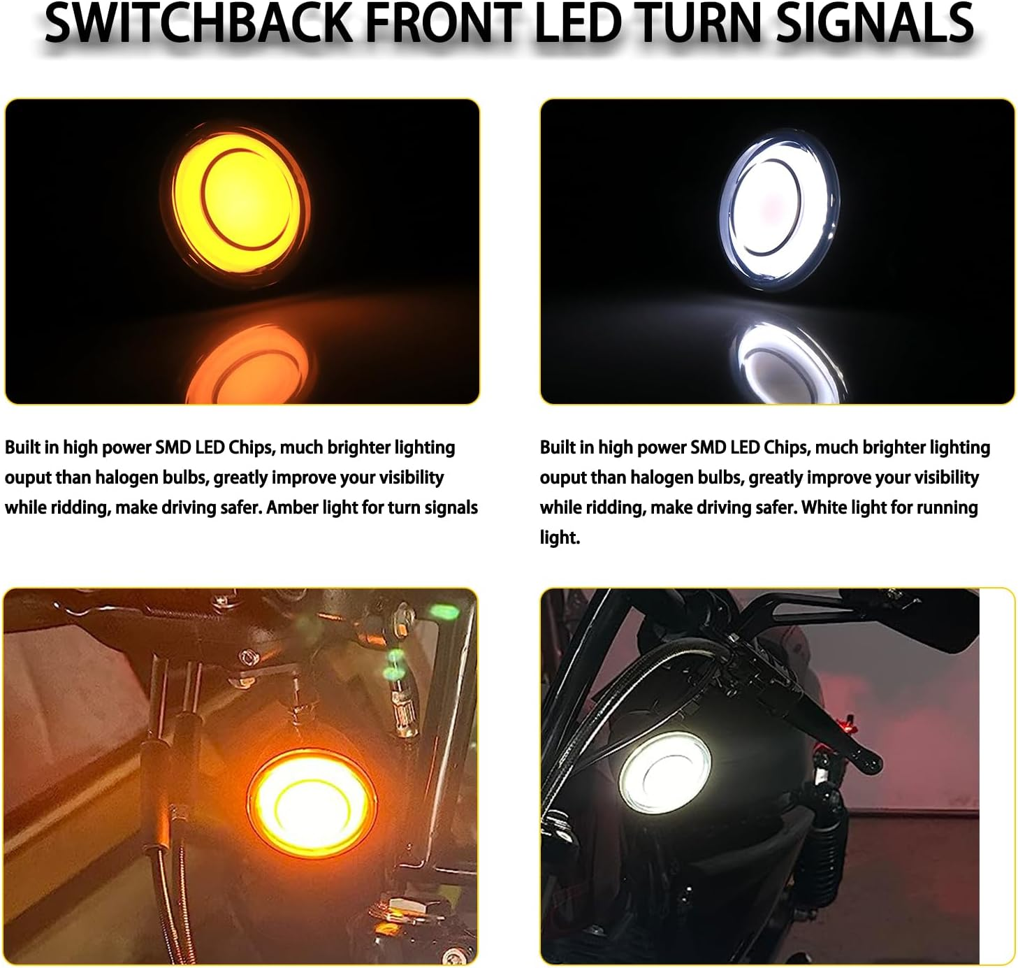 Smoked Motorcycle Switchback Front LED Turn Signals with Relocation Kit Bullet Running Lights Compatible with Dyna Street Glide Softail Harley Sportster 883 1200 Touring Road King 1986-2024
