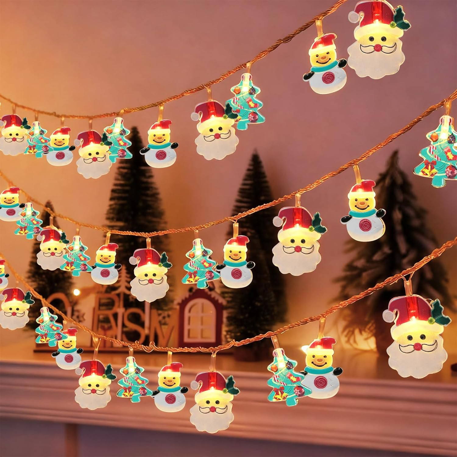 Bigqin Christmas String Lights, LED Christmas Decoration Battery Powered, Santa Claus Snowman Fir Tree Lights with 2 Modes for Indoor Outdoor Party Tree Home Garden - 3M/20 Leds