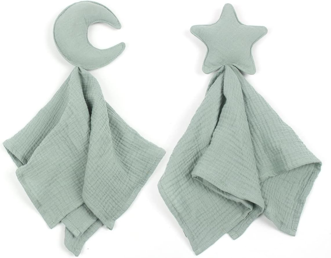 Stars and Moon Soft Security Blanket Lovey Gifts for Newborn Boys and Girls Muslin Swaddle (Bean Green) image number 2
