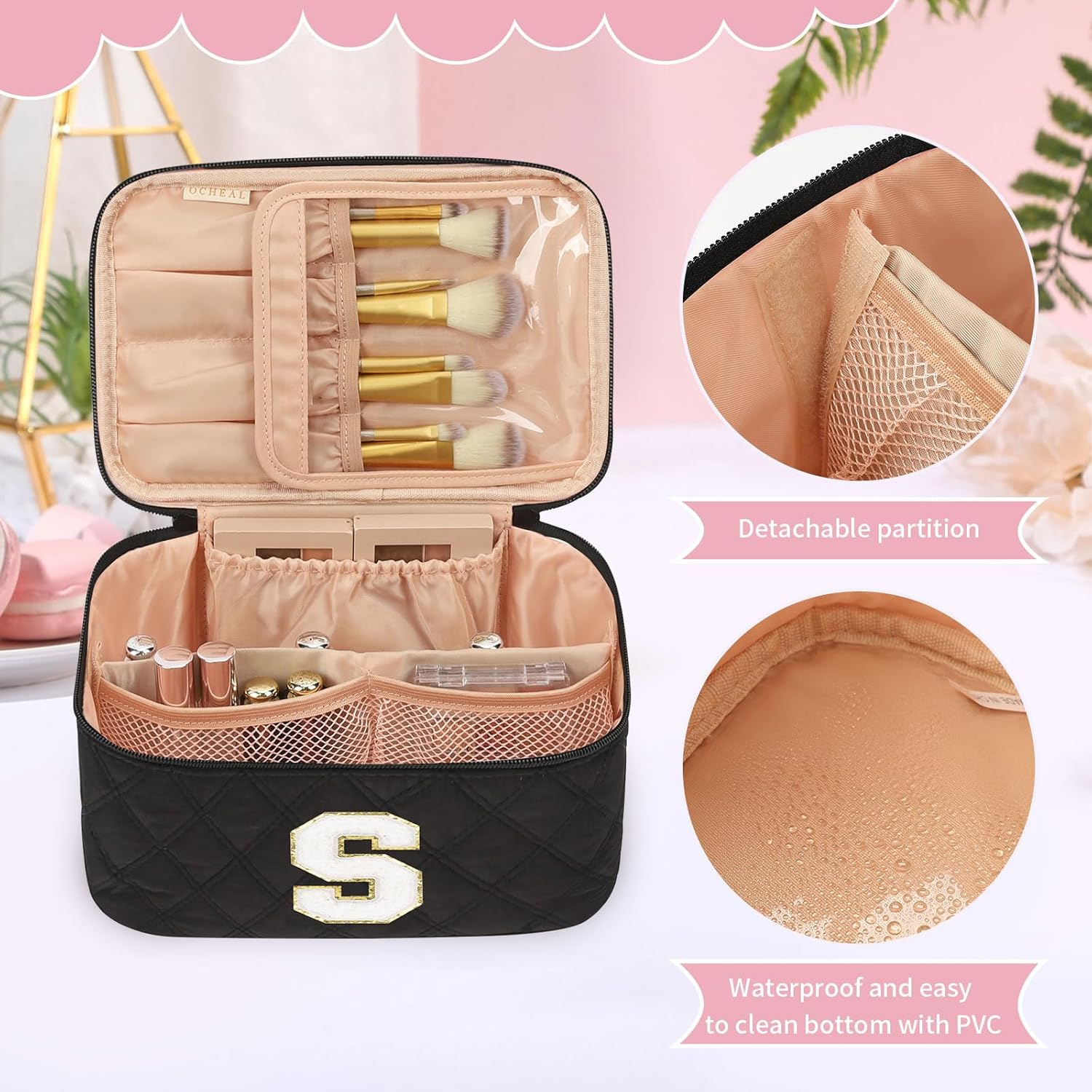 OCHEAL Makeup Bag for Women, Monogram Cosmetic Bag with Brush Holder,Black Travel Makeup Case Beauty Toiletry Bag Organizer Personalized Gifts for Girls Bridesmaid, Sister, Wife, Friends Initial S image number 5