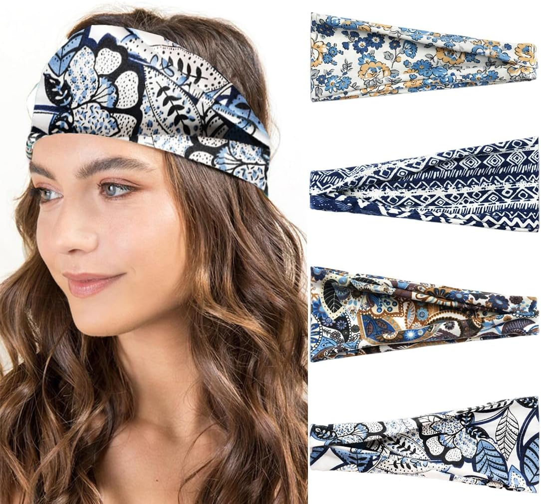 WUSJCOF Pack of 4 Women'S Hair Bands, Thin, Elastic, Soft Boho Headband, for Yoga, Cosmetics, Sports & Hair Accessories, Summer (7 Inches, Extra Wide) (Multi-Colour) image number 1