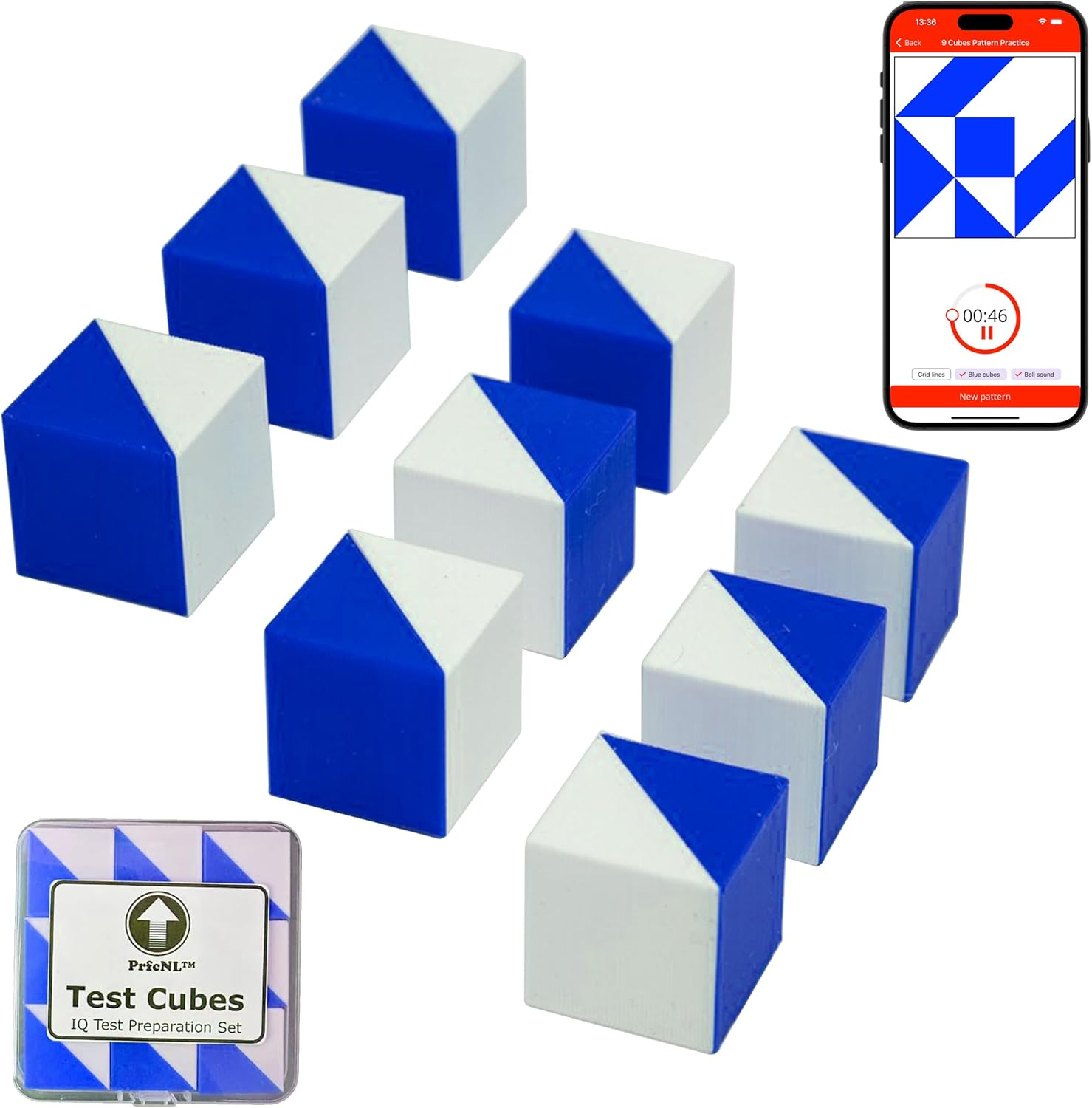 Test Cubes (Blue and White) - Study for Block-Design Test, Practice Cognitive Spatial Reasoning Test, 9 Kohs Cubes, WAIS and WISC Test Preparation