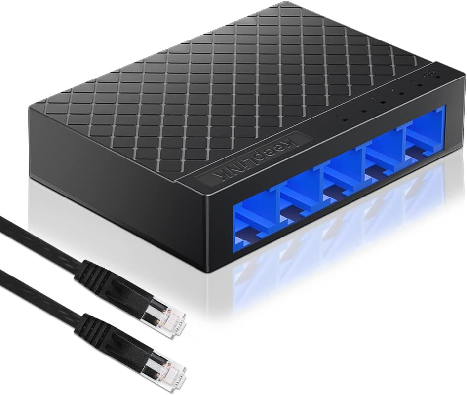 Keeplink 5 Port Gigabit Ethernet Switch, Unmanaged Desktop or Wall Mount Network Splitter, Plastic Case, Plug and Play with 2 Pcs 3.28Ft Cat6 Ethernet Cable image number 2