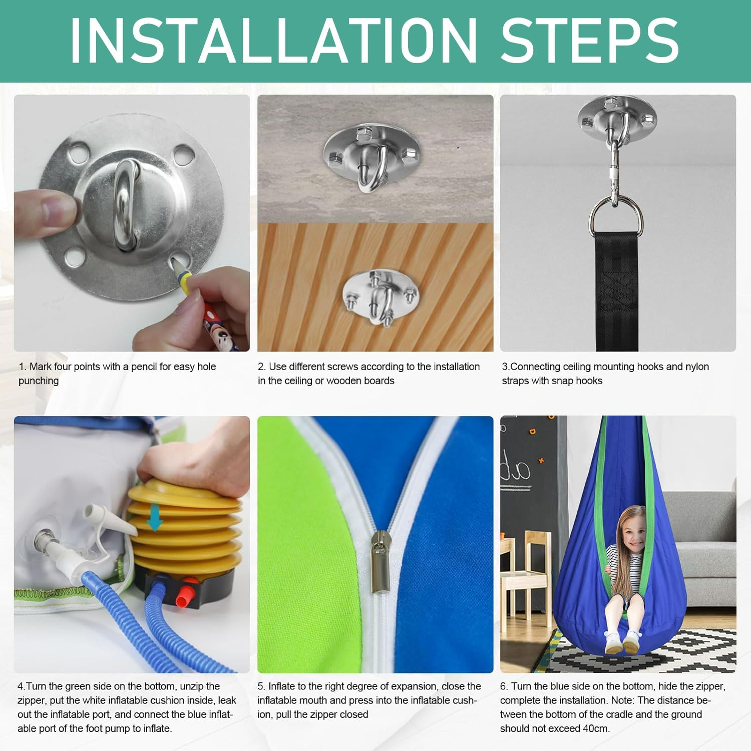 Uandhome Kids Pod Swing Seat, Hanging Pod Swing Chair with Inflatable Pillow, Sensory Swing Chair for Outdoor and Indoor,Cotton Child Swing Hammock Chair for Indoor and Outdoor Use (Blue) image number 6