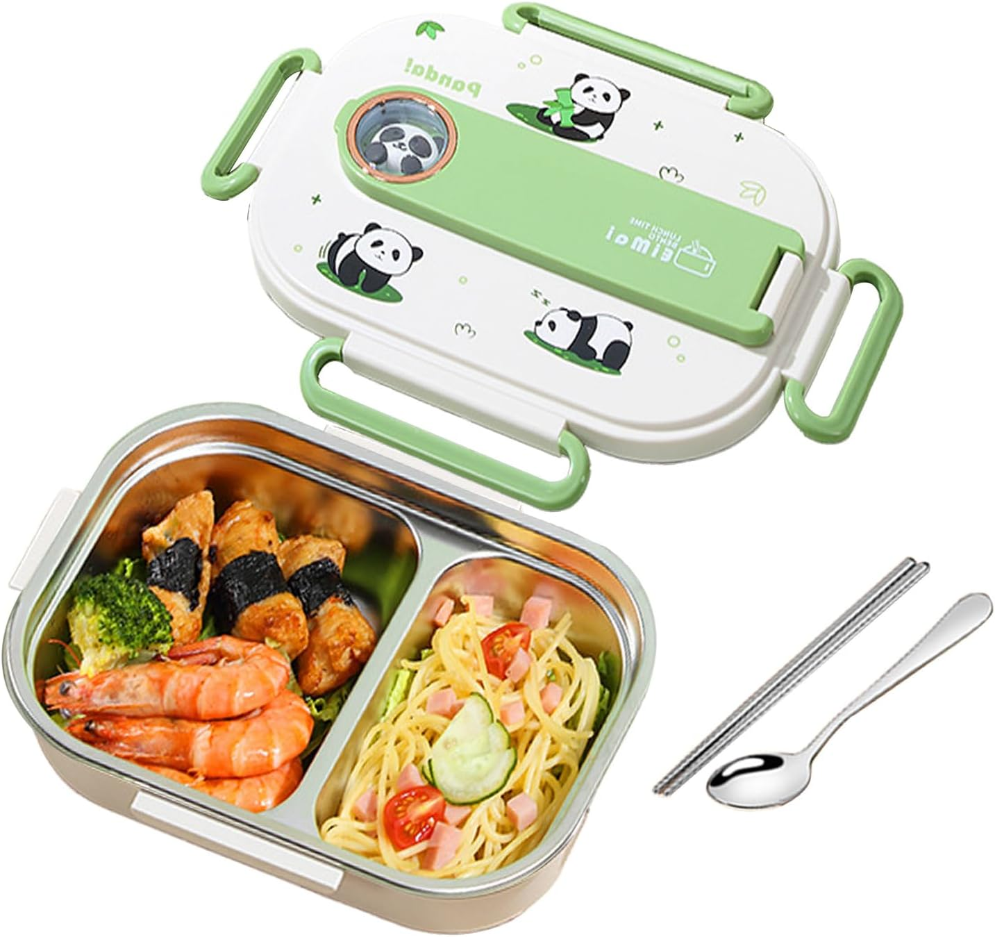 Lunch Box Cute Insulated Lunch Box Set - Thermal Bento Box Stainless Steel Microwave Safe Food Container with Cutlery - 6H Heat Retention (2-Grid-Panda) image number 4
